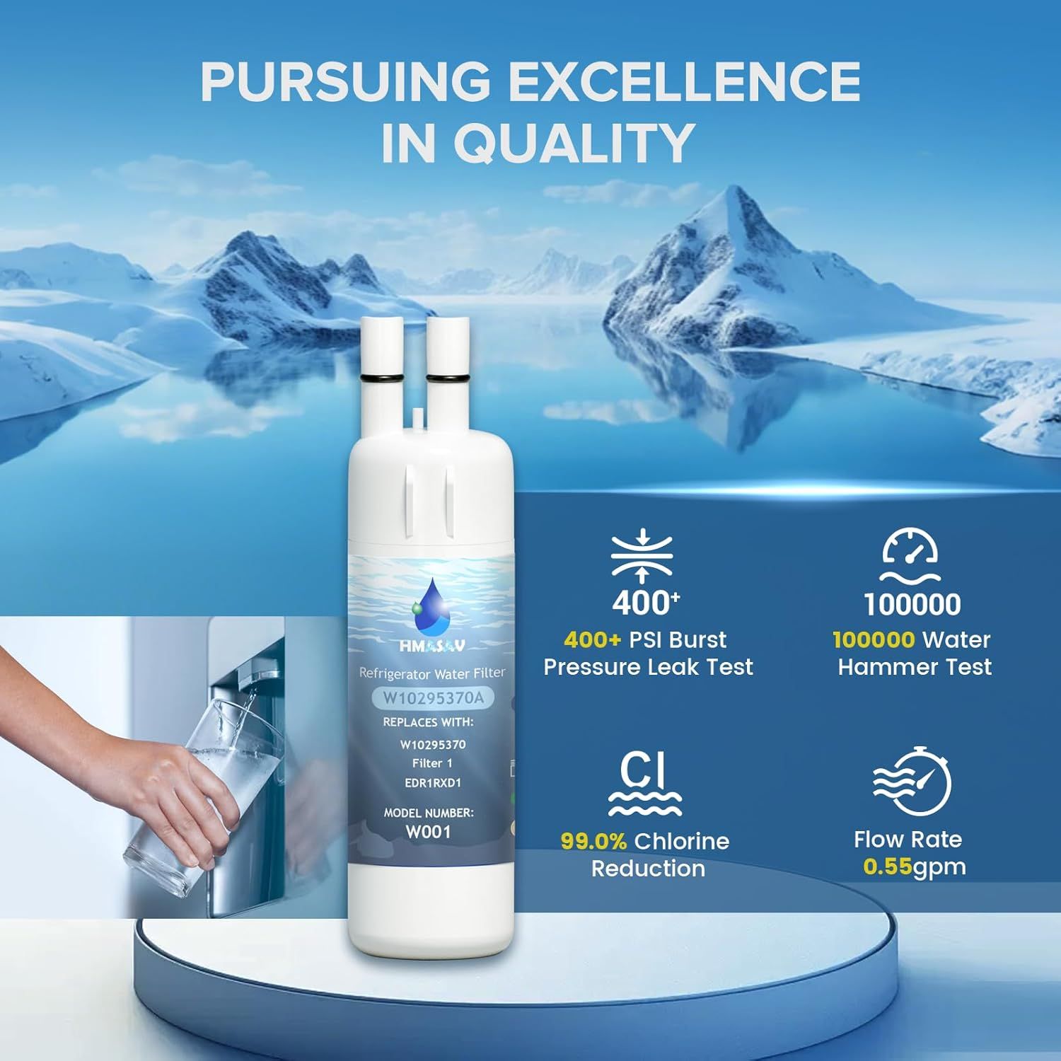 Communicates multiple quality and performance benefits of the refrigerator water filter, including durability testing, filtration effectiveness, and flow rate to reassure shoppers of the product's…