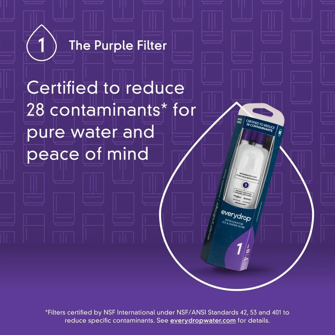 Communicates that the water filter is certified to reduce 28 contaminants, providing reassurance about water purity and safety through third-party certification standards. Highlights the core…