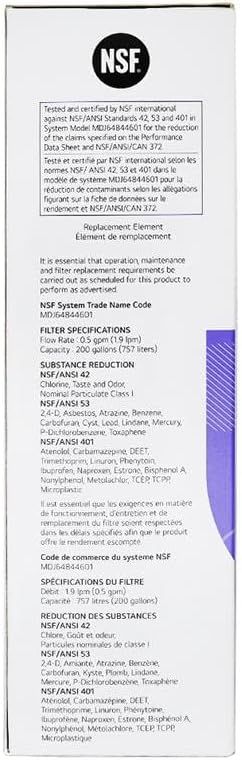 Communicates that the product is NSF-certified and meets international safety standards for water filtration, reassuring shoppers about product safety and quality.