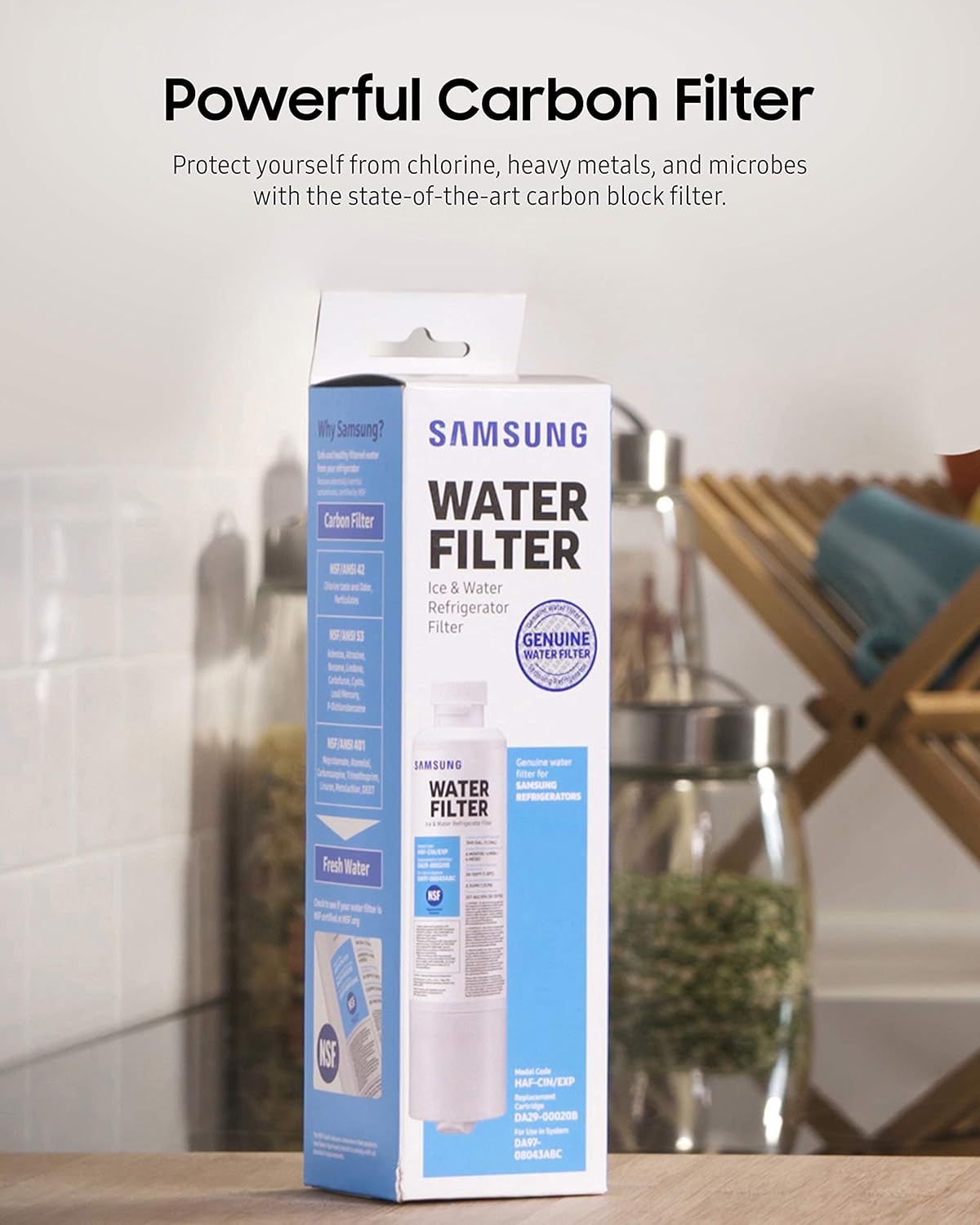 Communicates the key benefit of the water filter's carbon filtration technology, reassuring shoppers that it protects against chlorine, heavy metals, and microbes for safer drinking water.
