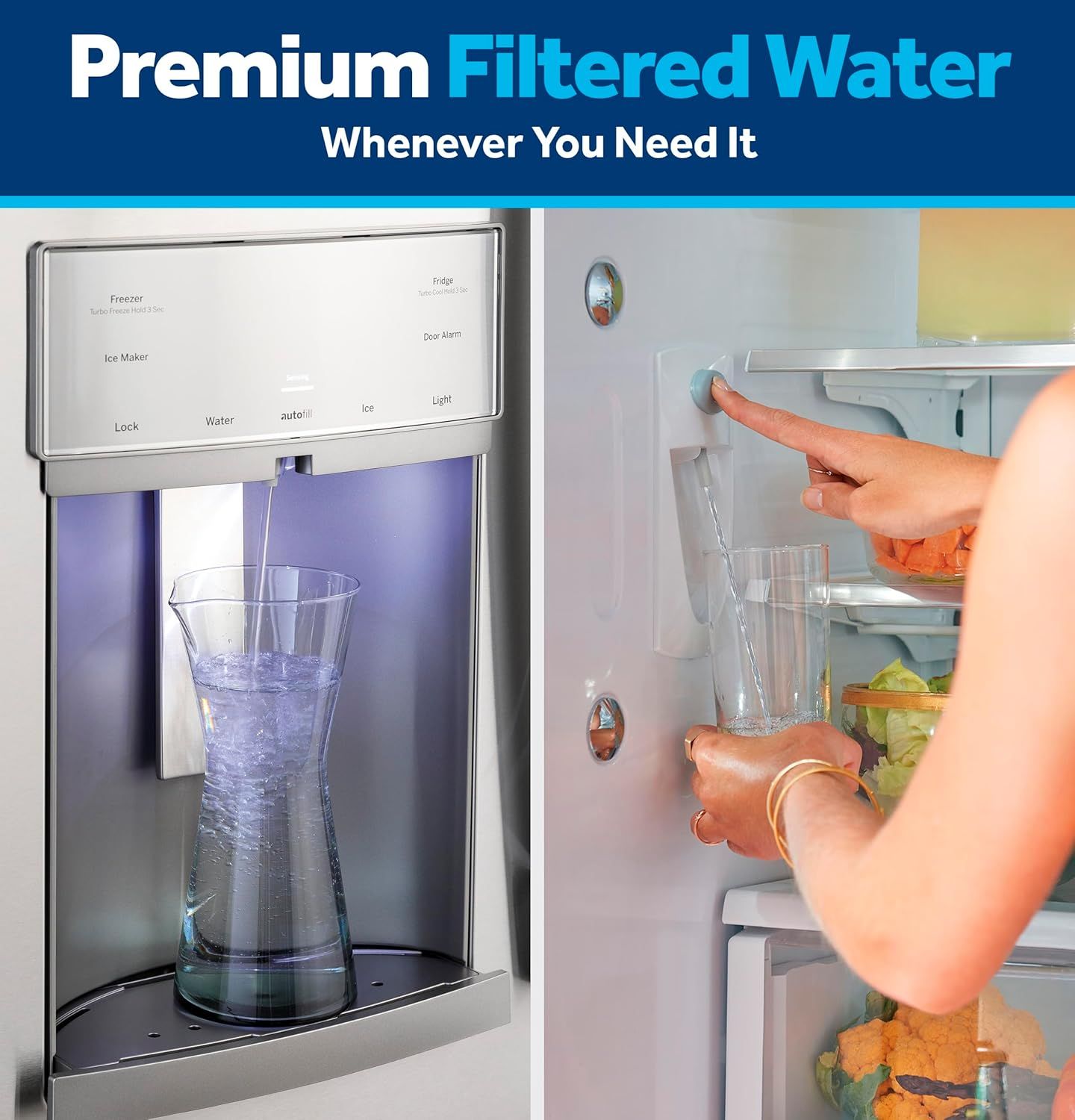 Demonstrates the refrigerator's built-in filtered water dispenser feature, emphasizing convenience and access to premium filtered water on demand.