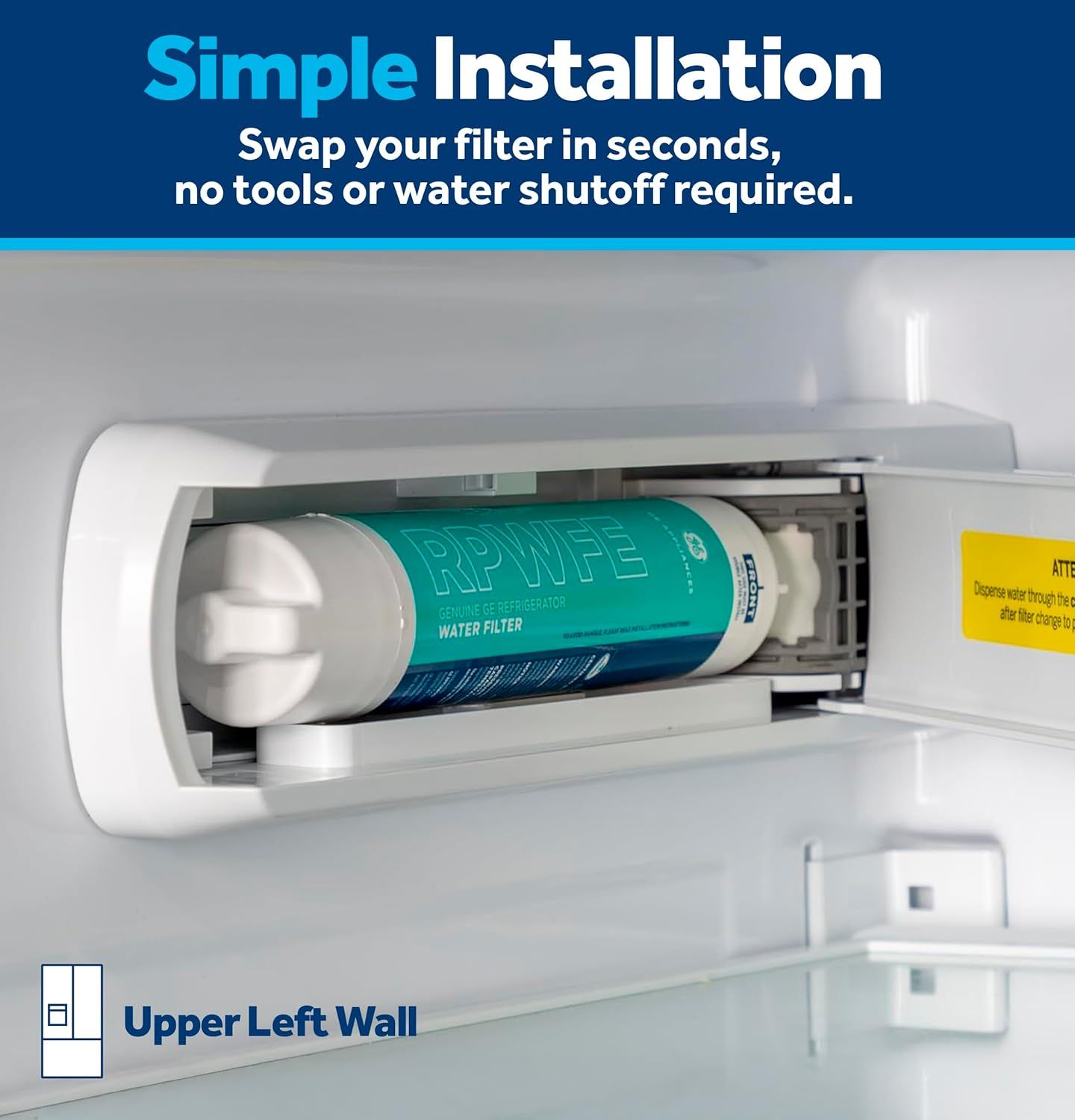 Demonstrates how easy it is to install or replace the refrigerator water filter, emphasizing that no tools or water shutoff are required and showing the filter's location in the upper left wall of…