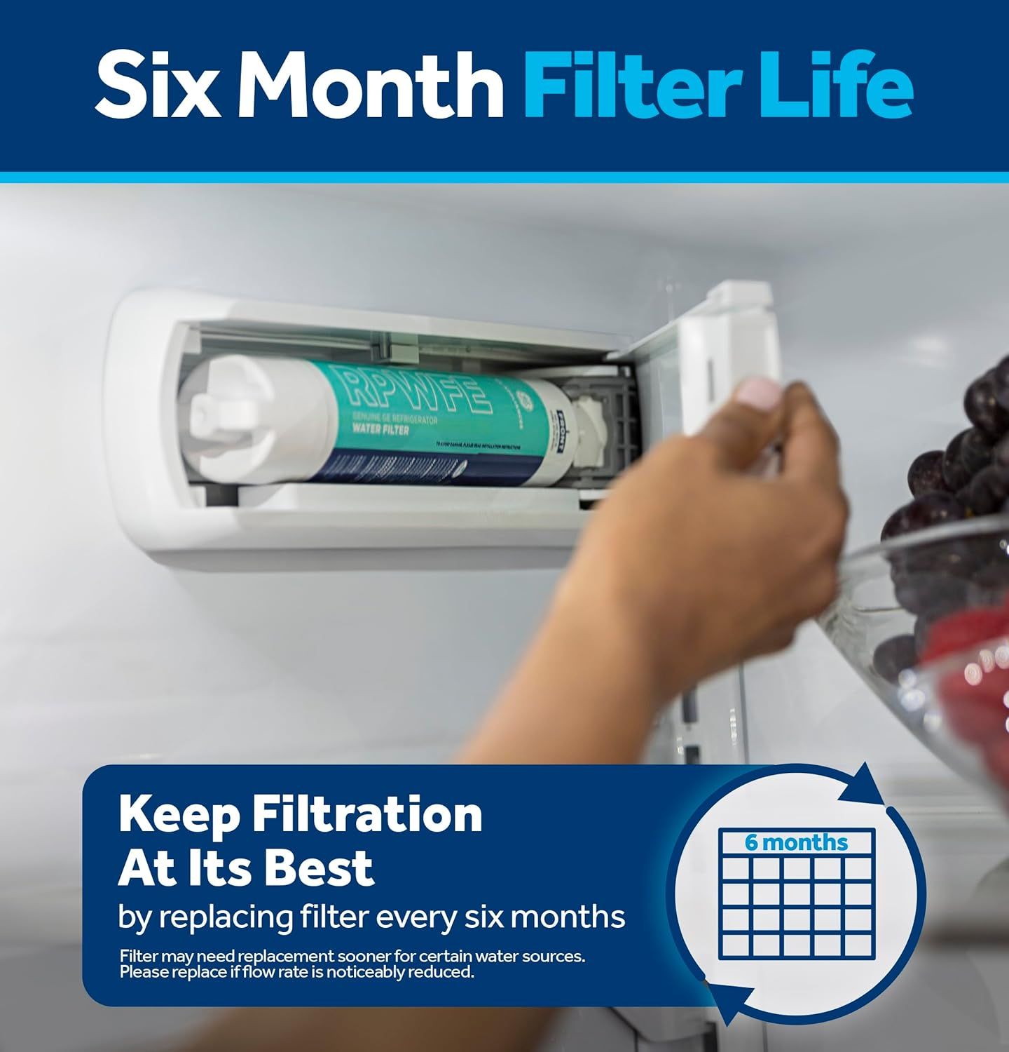 Communicates the filter's longevity and replacement schedule to reassure shoppers about maintenance frequency and long-lasting performance. Highlights the key benefit of extended filter life and…