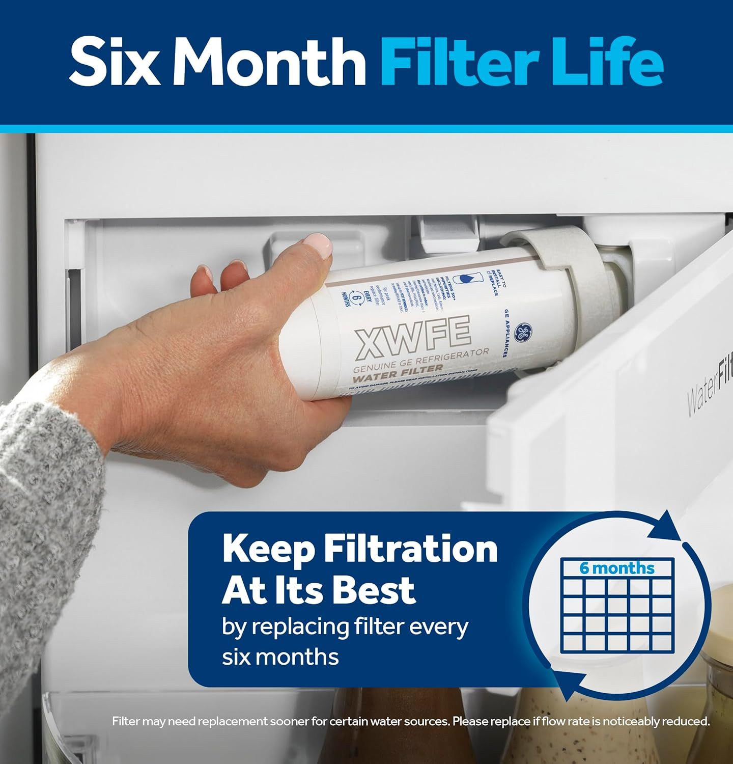 Educates shoppers on the proper maintenance schedule for the refrigerator water filter, emphasizing that replacing it every six months keeps filtration at peak performance. Reassures shoppers that…