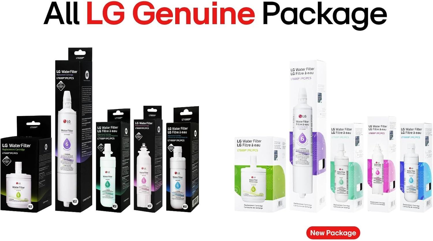Shows the complete range of LG genuine water filter products and packaging options available, reassuring shoppers of authenticity and helping them understand the full product lineup included.