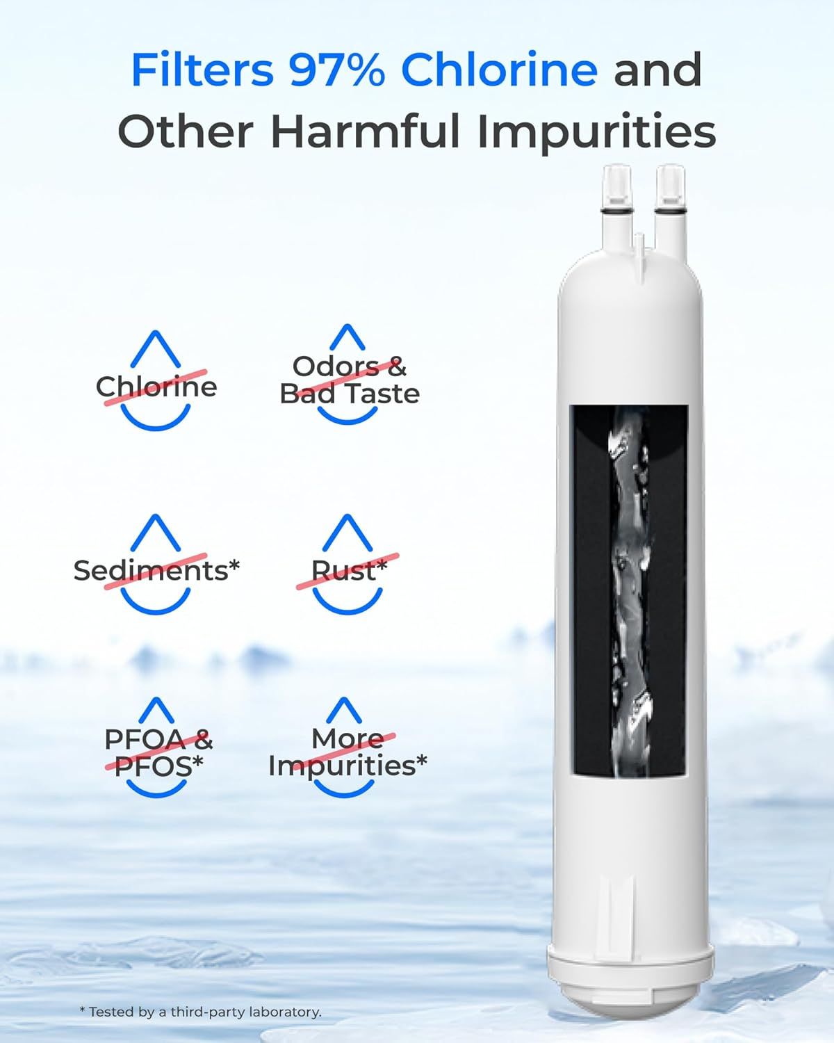 Communicates the product's high filtration performance with a specific quantifiable stat to reassure shoppers about water quality and safety. Showcases multiple distinct filtration benefits in a…