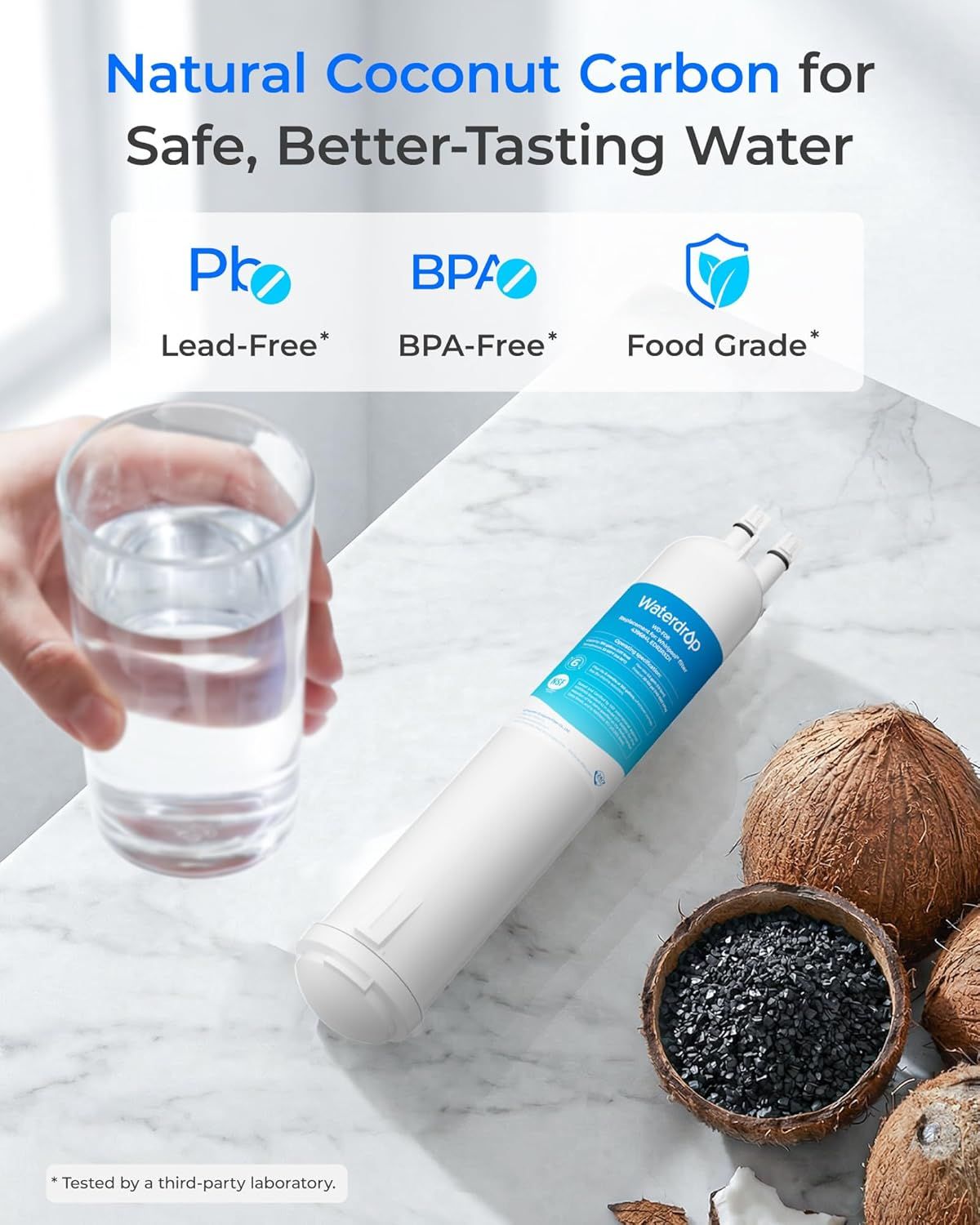 Communicates that the water filter is safe to use by highlighting three key safety certifications (Lead-Free, BPA-Free, Food Grade) to reassure shoppers about water quality and product safety.…