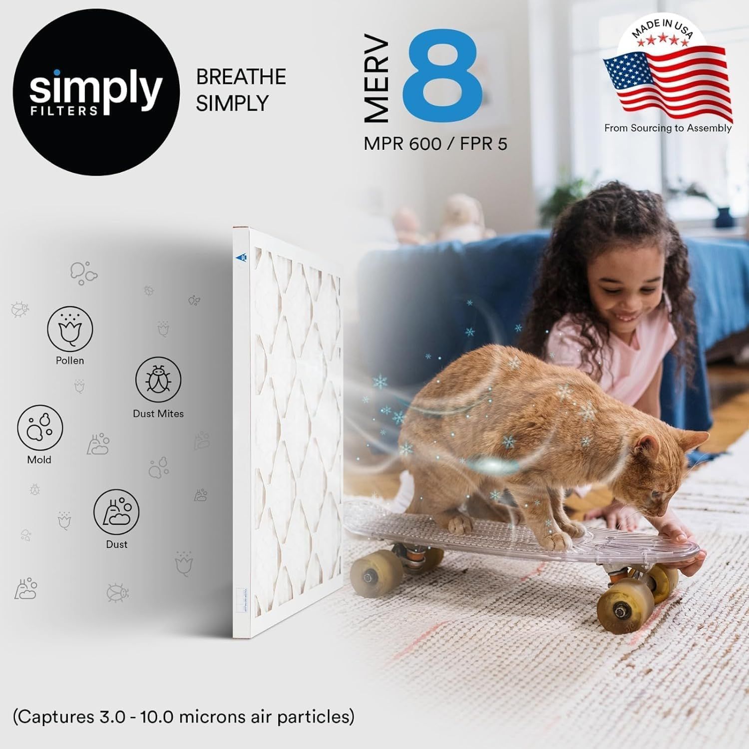 Communicates multiple distinct benefits of the air filter including its MERV 8 rating, ability to capture various allergens (pollen, dust mites, mold, dust),…