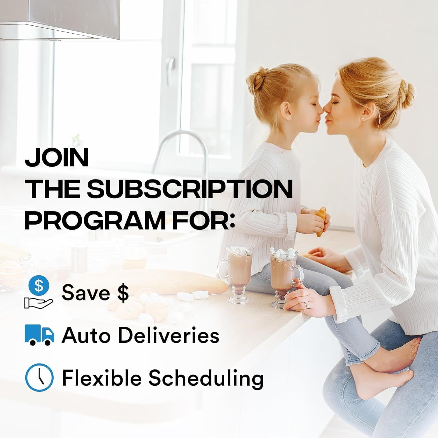 Communicates the three key benefits of joining the subscription program: saving money, automatic deliveries, and flexible scheduling to encourage subscription…