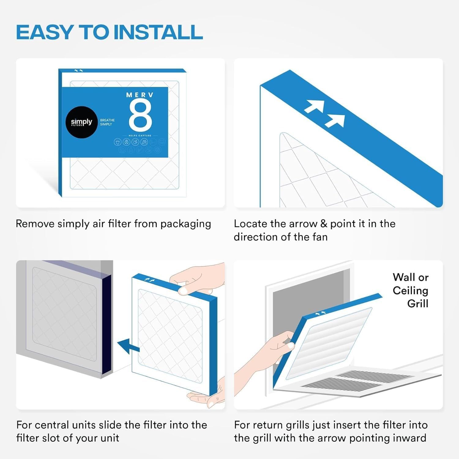 Demonstrates the simple installation process for the air filter through a clear 4-step visual guide, reassuring shoppers that setup is quick and…
