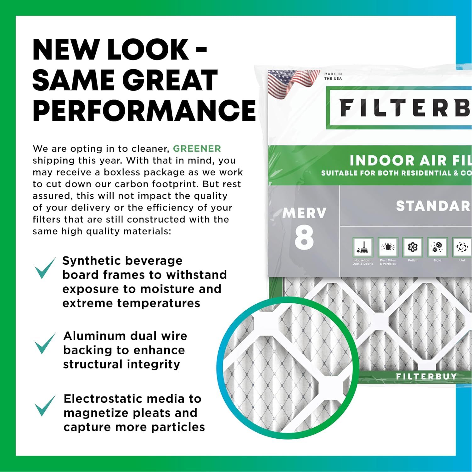 Communicates multiple product features and materials that ensure quality and performance while highlighting the brand's commitment to greener, more…