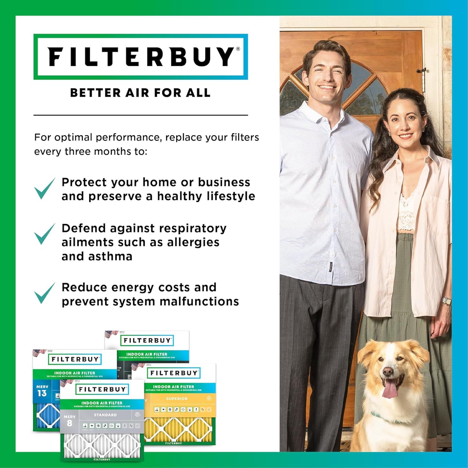 Communicates multiple benefits of regular filter replacement: protecting the home and lifestyle, defending against allergies and asthma, and reducing energy…