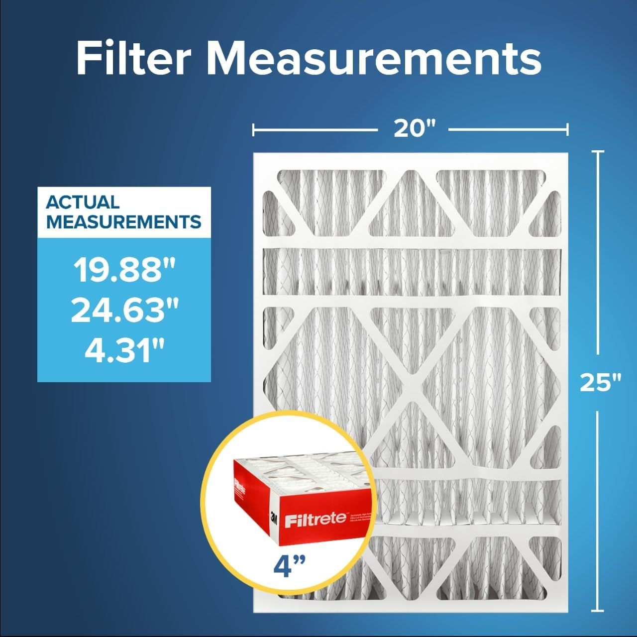 Clarifies the actual physical dimensions of the air filter (19.88" x 24.63" x 4.31") compared to the nominal size (20" x 25" x 4") to help shoppers understand…