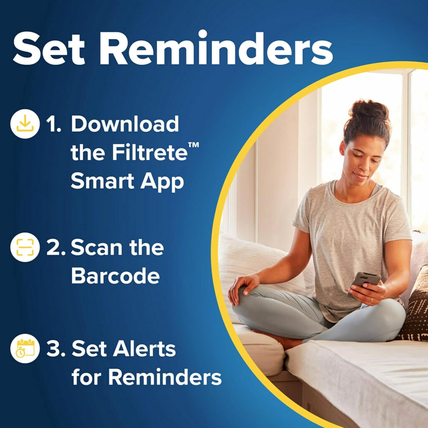 Explains the three-step process for setting up filter replacement reminders using the Filtrete Smart App, reassuring shoppers that maintenance tracking is…