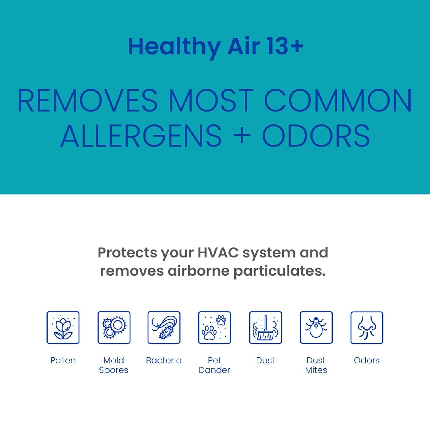 Communicates the air filter's ability to remove multiple types of allergens and odors while protecting the HVAC system, reassuring shoppers of comprehensive…