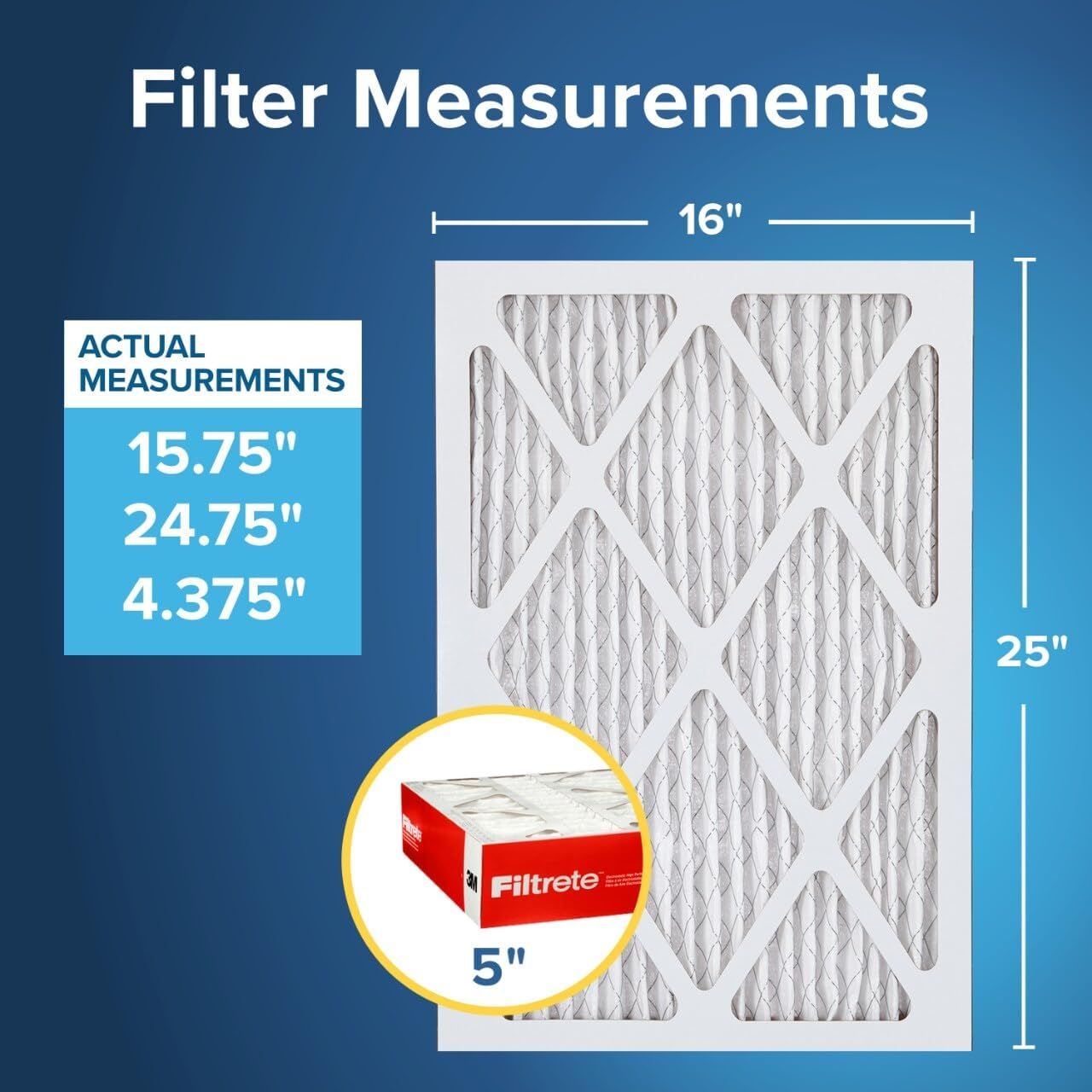 Clarifies the exact physical dimensions of the air filter (15.75" x 24.75" x 4.375") to help shoppers understand the true size versus the nominal 16" x 25" x…