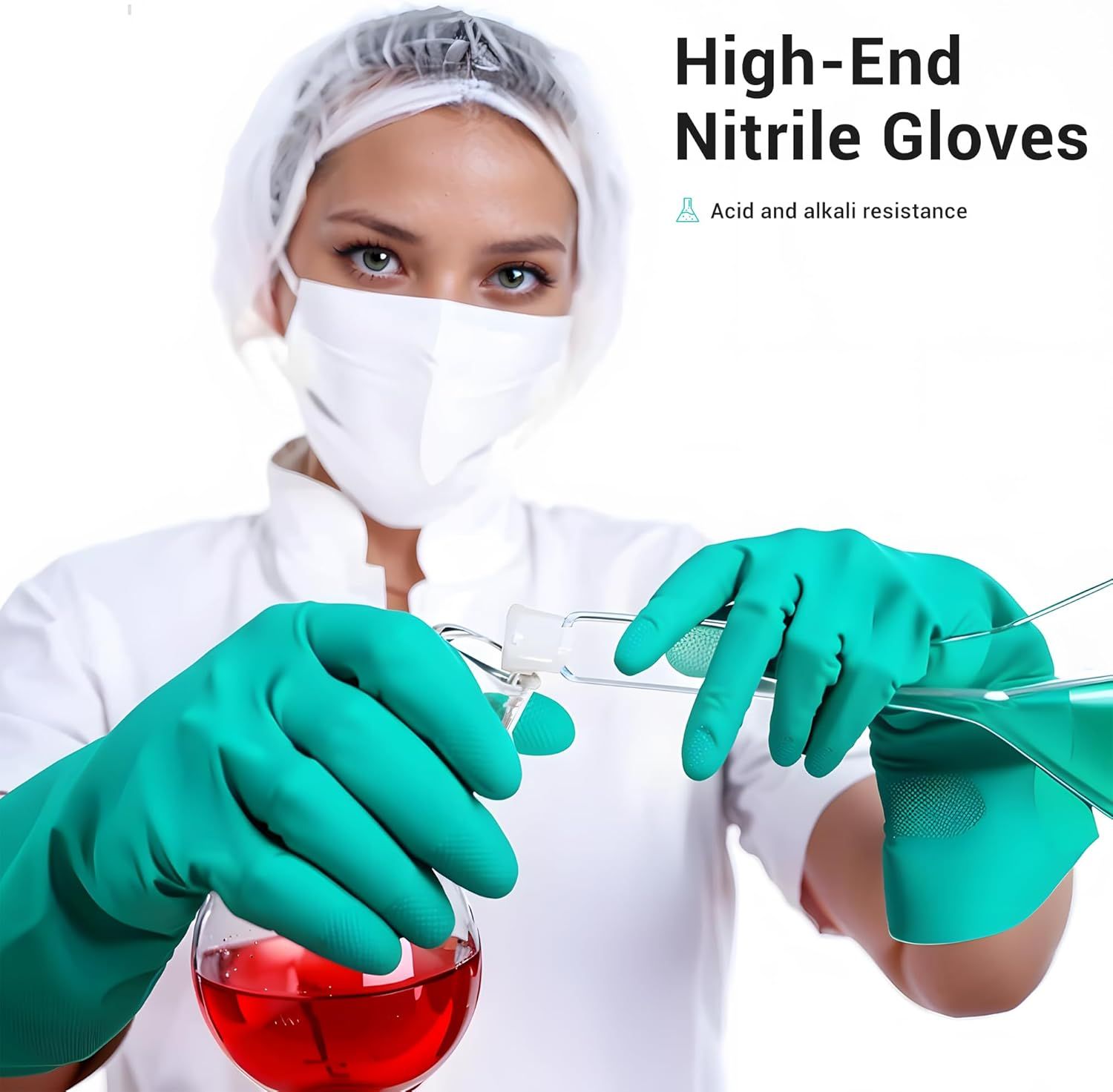 Communicates that these high-end nitrile gloves provide chemical resistance, reassuring shoppers they are safe for laboratory and industrial use involving…