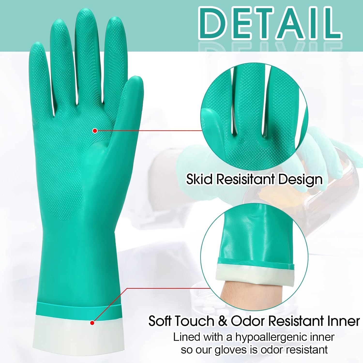 This image breaks down the glove's key physical features using zoom-in callouts to highlight the textured grip surface and the hypoallergenic inner lining, reassuring shoppers about functionality…