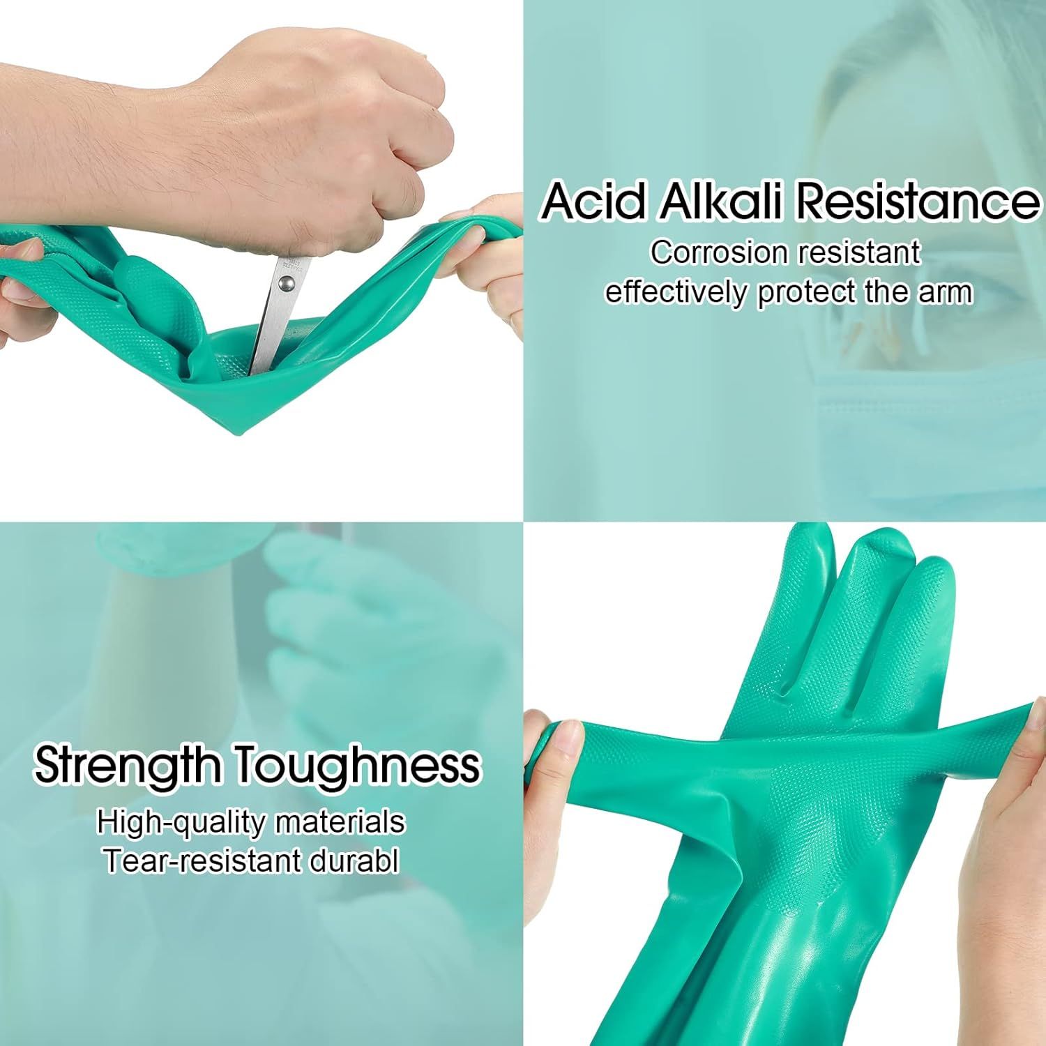 Communicates multiple key benefits of the protective gloves through visually segmented panels, highlighting chemical resistance, durability, and material quality to reassure shoppers of…