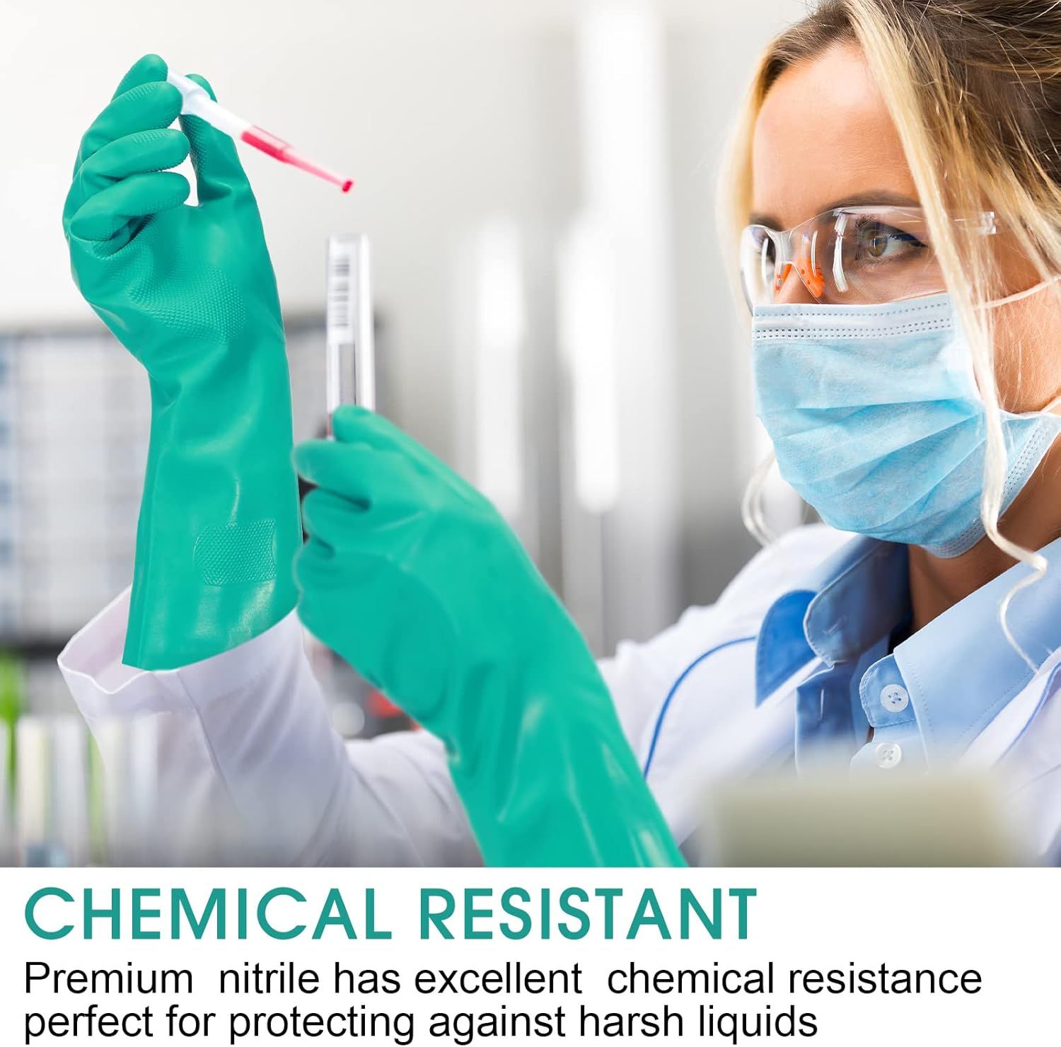 Communicates that the premium nitrile gloves provide excellent chemical resistance to protect users against harsh liquids, reassuring shoppers about safety…