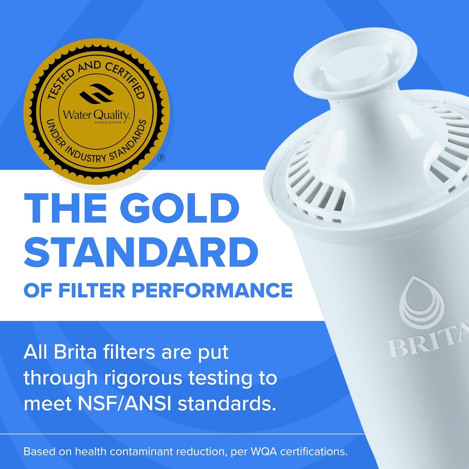 Communicates that the Brita filter has been tested and certified by the Water Quality Association under industry standards, reassuring shoppers of its safety, quality, and effectiveness in reducing…