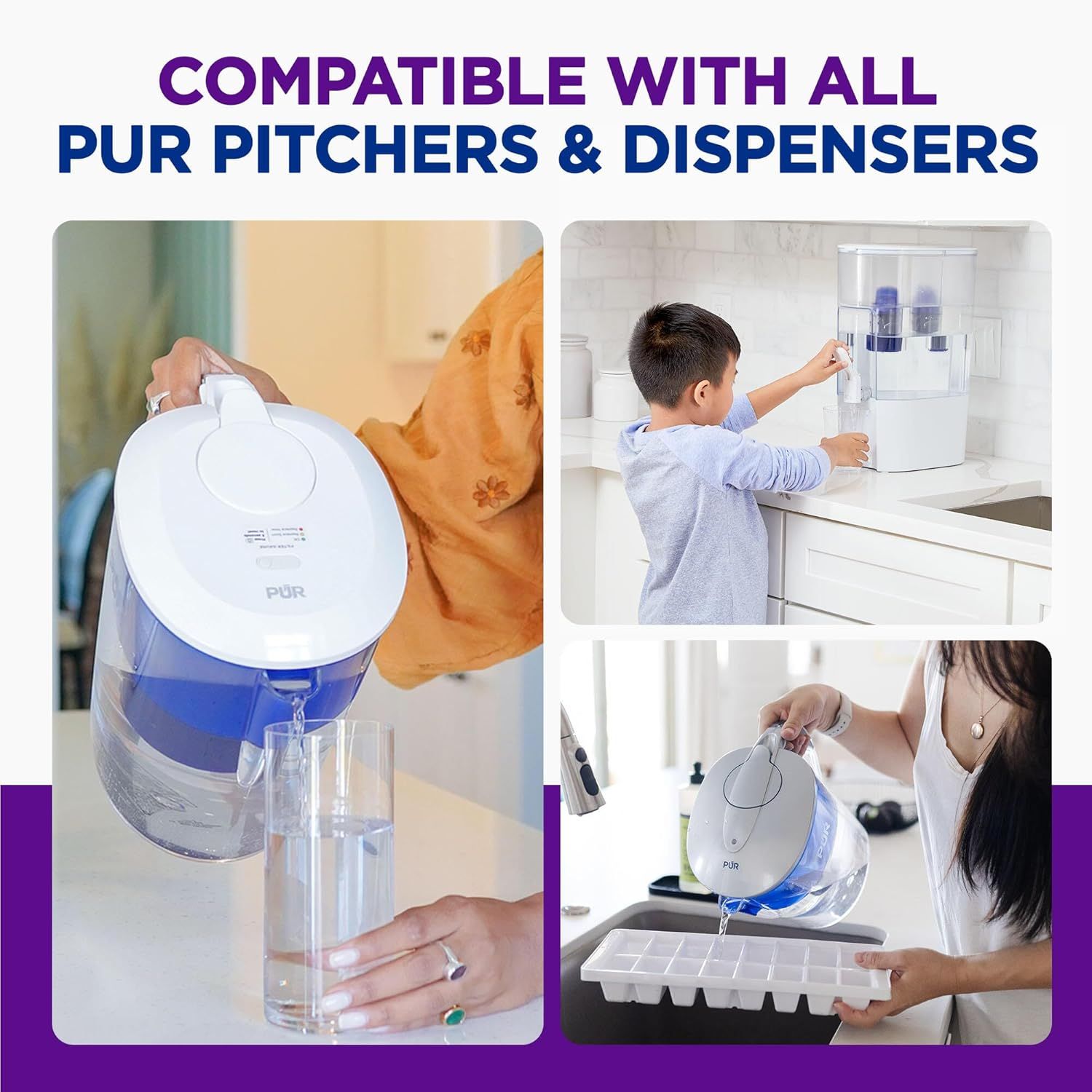Demonstrates the versatility of the product by showing it can be used with various PUR water filtration systems in multiple household scenarios, reassuring shoppers of broad compatibility.