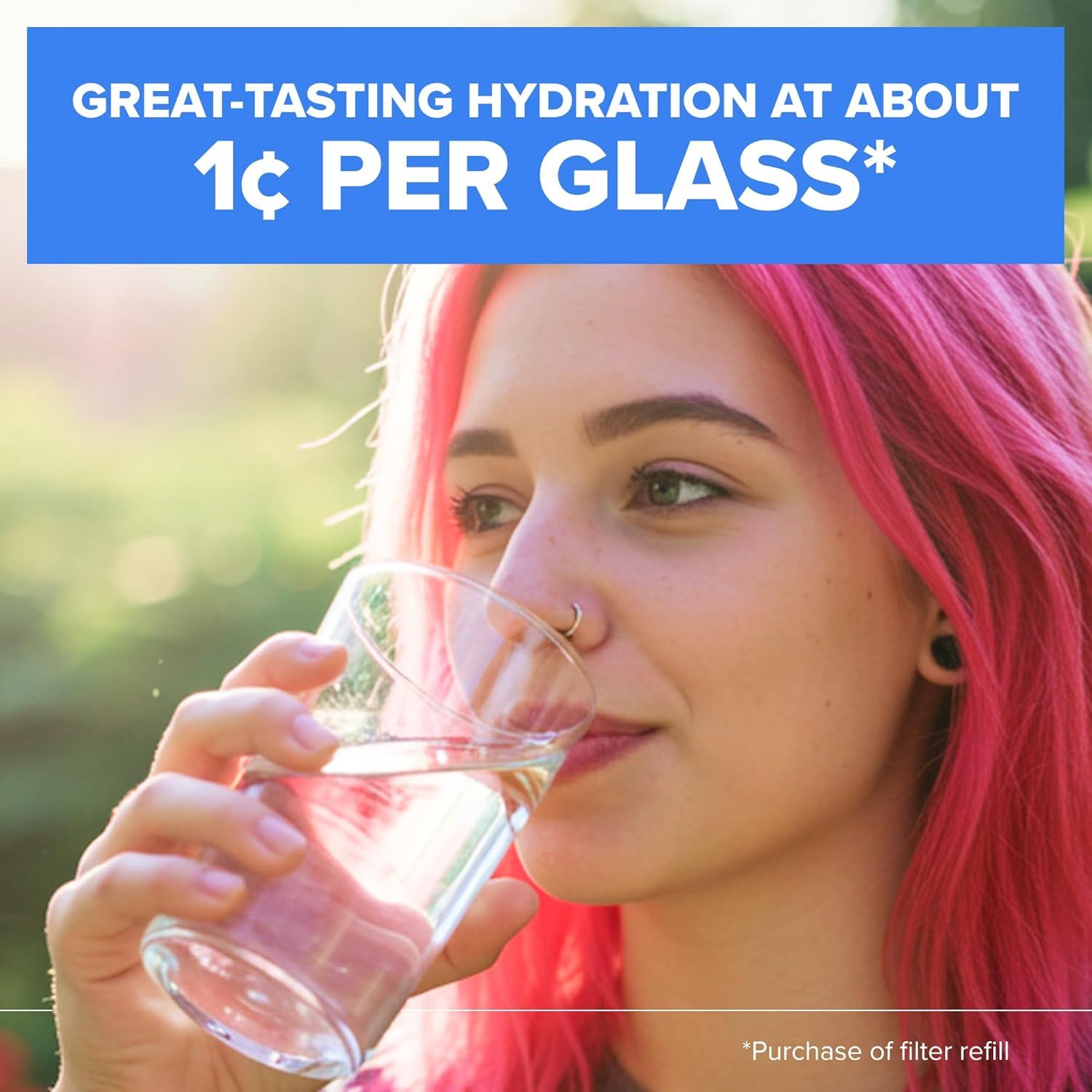 Communicates the affordability and value of the product by highlighting the low cost per glass (1 cent), making it an attractive economic benefit for…