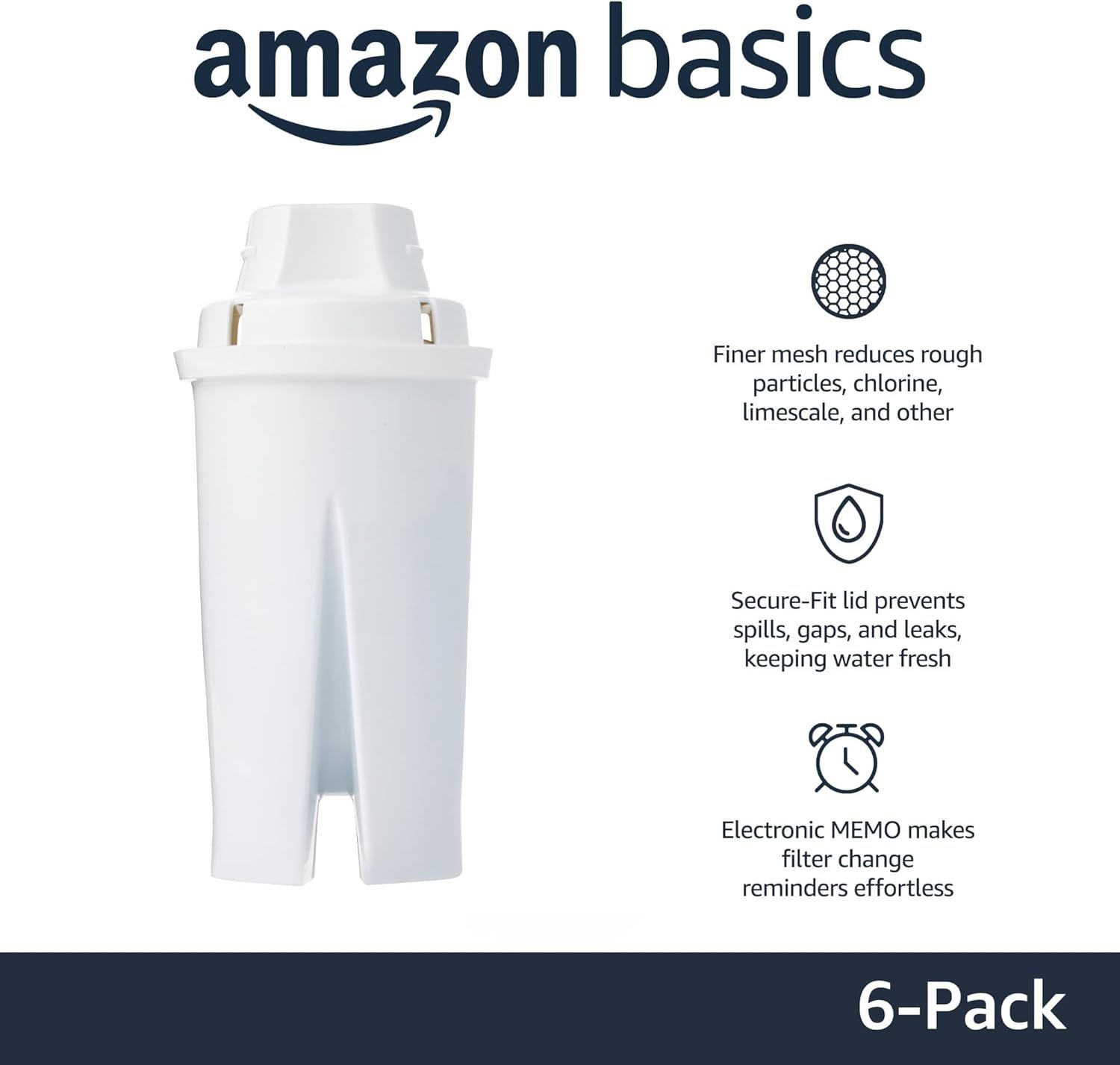 Communicates three distinct product benefits in a segmented layout: superior filtration, leak prevention, and convenient filter change reminders to help…