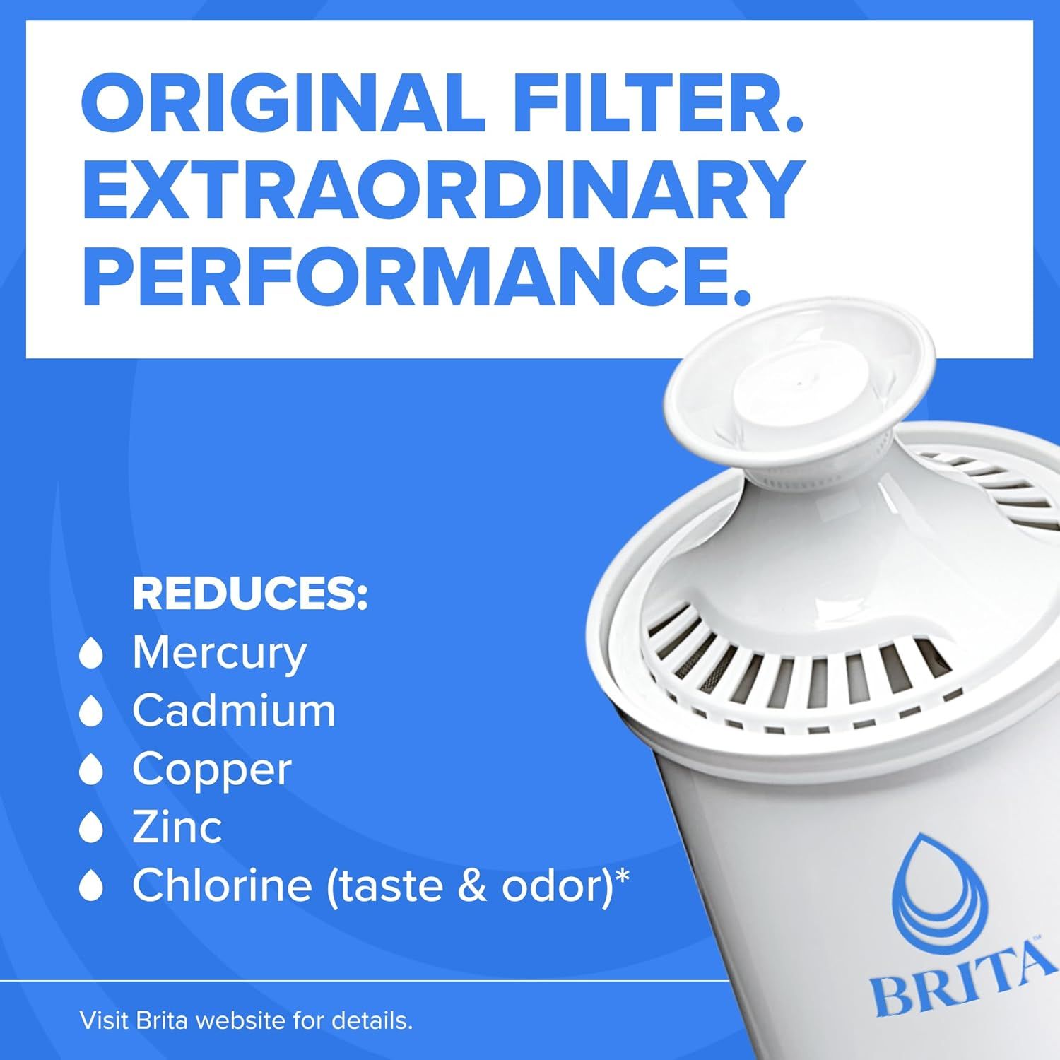 Communicates the filter's ability to reduce multiple harmful contaminants (mercury, cadmium, copper, zinc, and chlorine) to reassure shoppers of comprehensive…