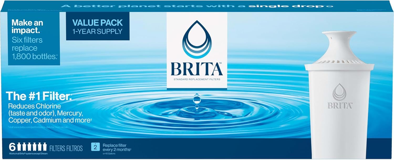 Communicates multiple key benefits including environmental sustainability (replaces 1,800 bottles), value (1-year supply), filtration effectiveness (reduces chlorine, mercury, copper, cadmium), and…