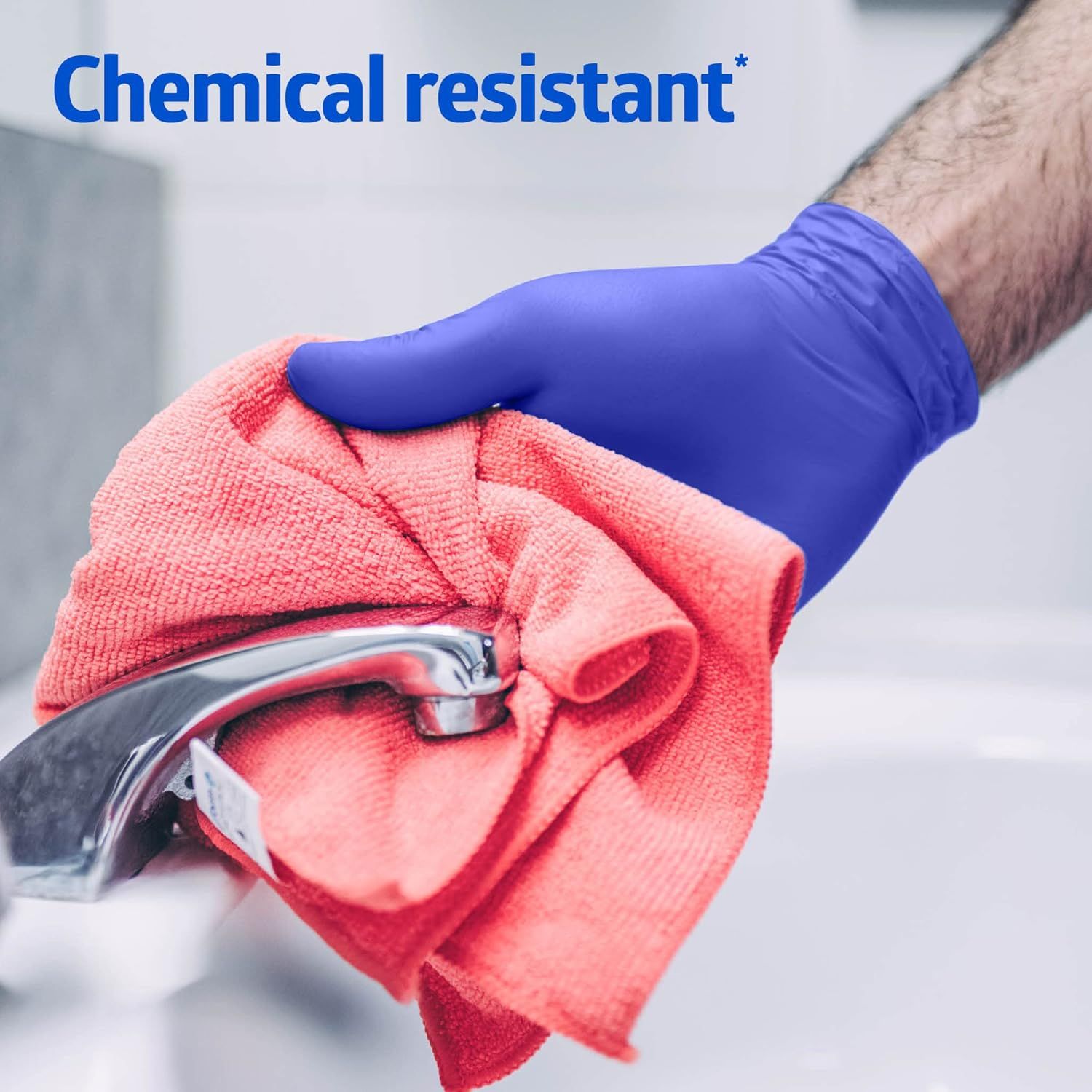 Communicates that the gloves are chemical resistant, reassuring shoppers they can safely handle cleaning chemicals and harsh substances.