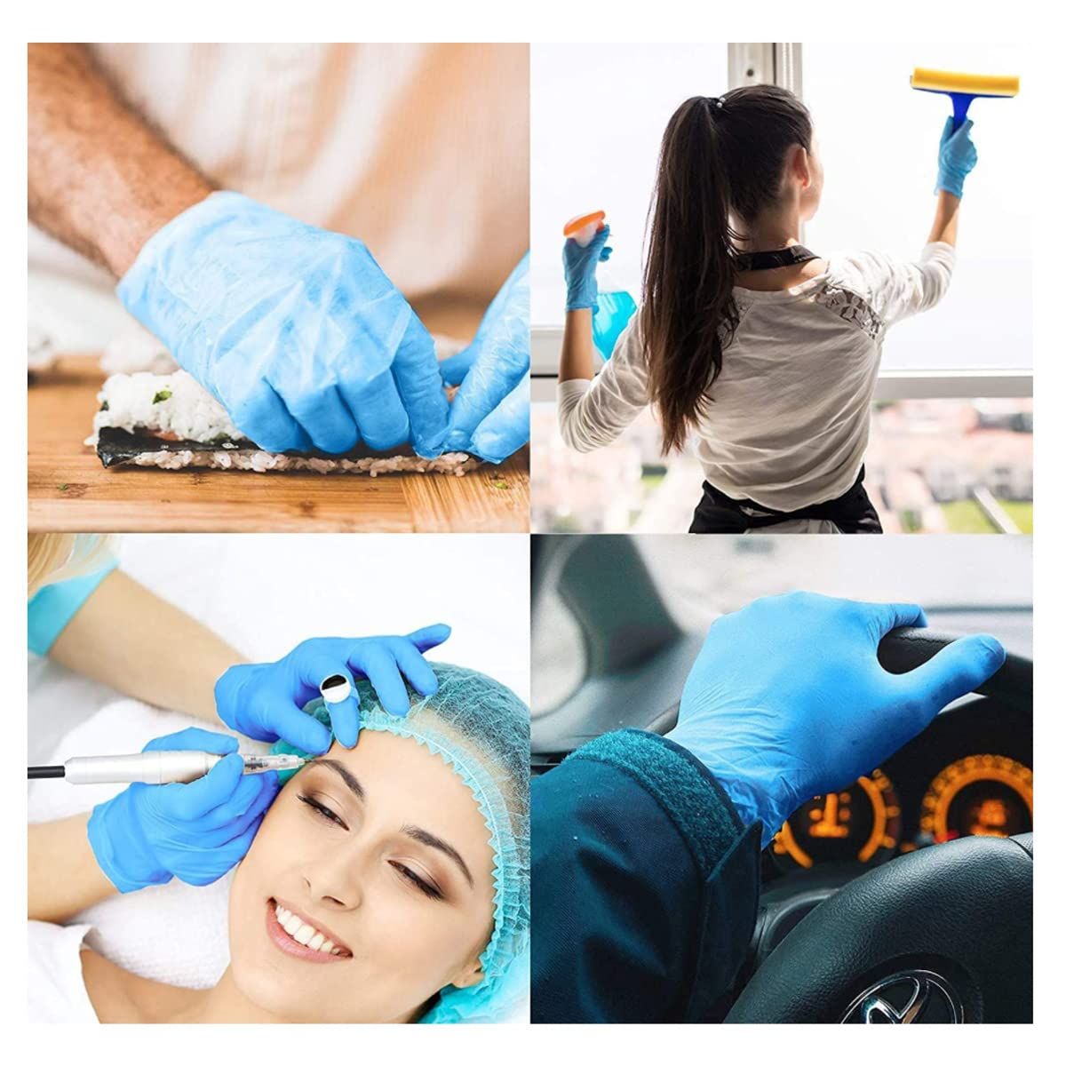 Demonstrates the versatility of the gloves by showing them being used across multiple real-world scenarios including household cleaning, professional beauty treatments, and automotive work.