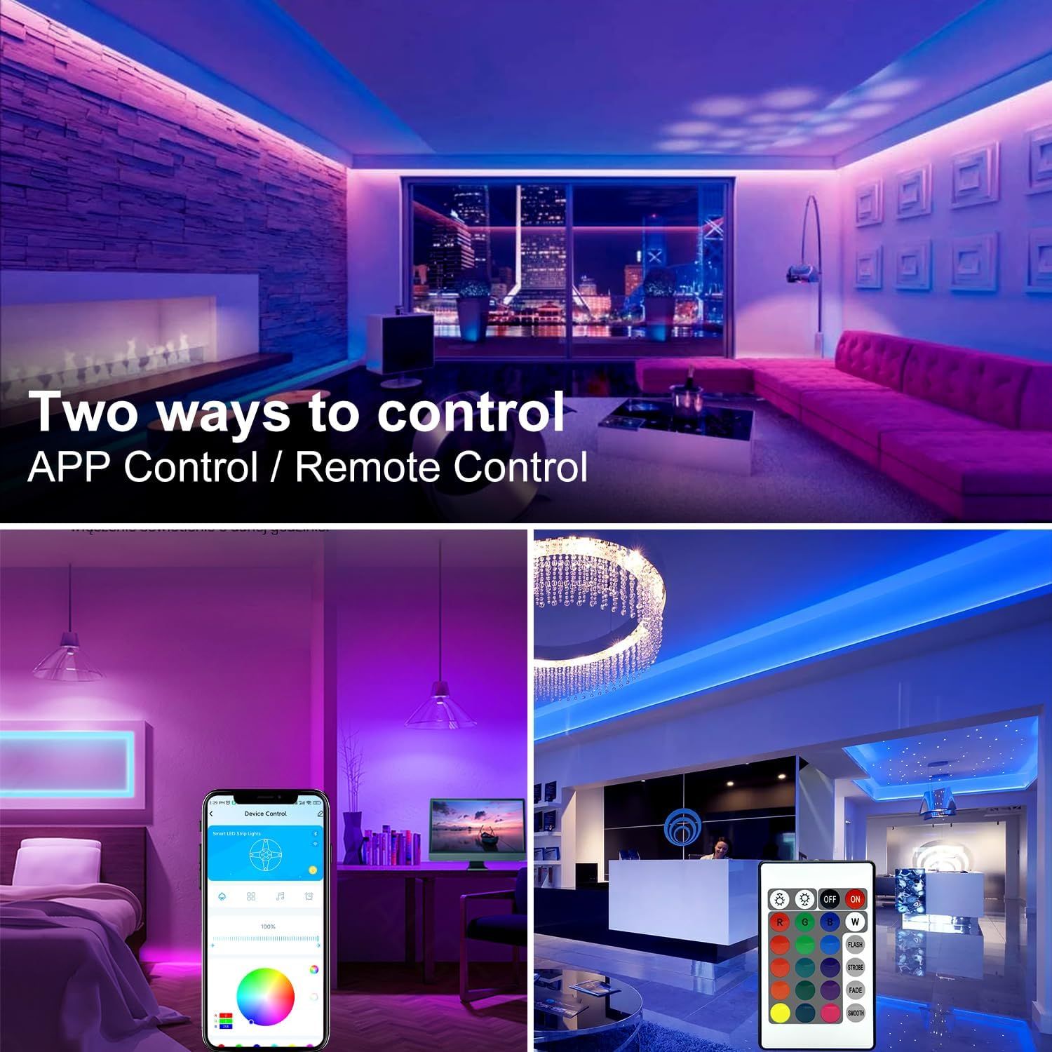 Demonstrates the two ways shoppers can control the LED lighting product—via smartphone app or physical remote—to reassure them of flexible, convenient…