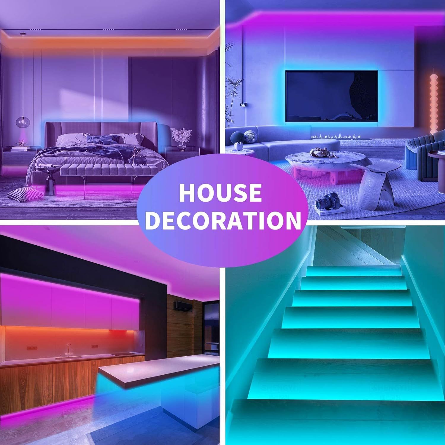 Demonstrates the versatility of LED lighting strips across multiple home environments (bedroom, living room, kitchen, stairway) to show shoppers the wide…