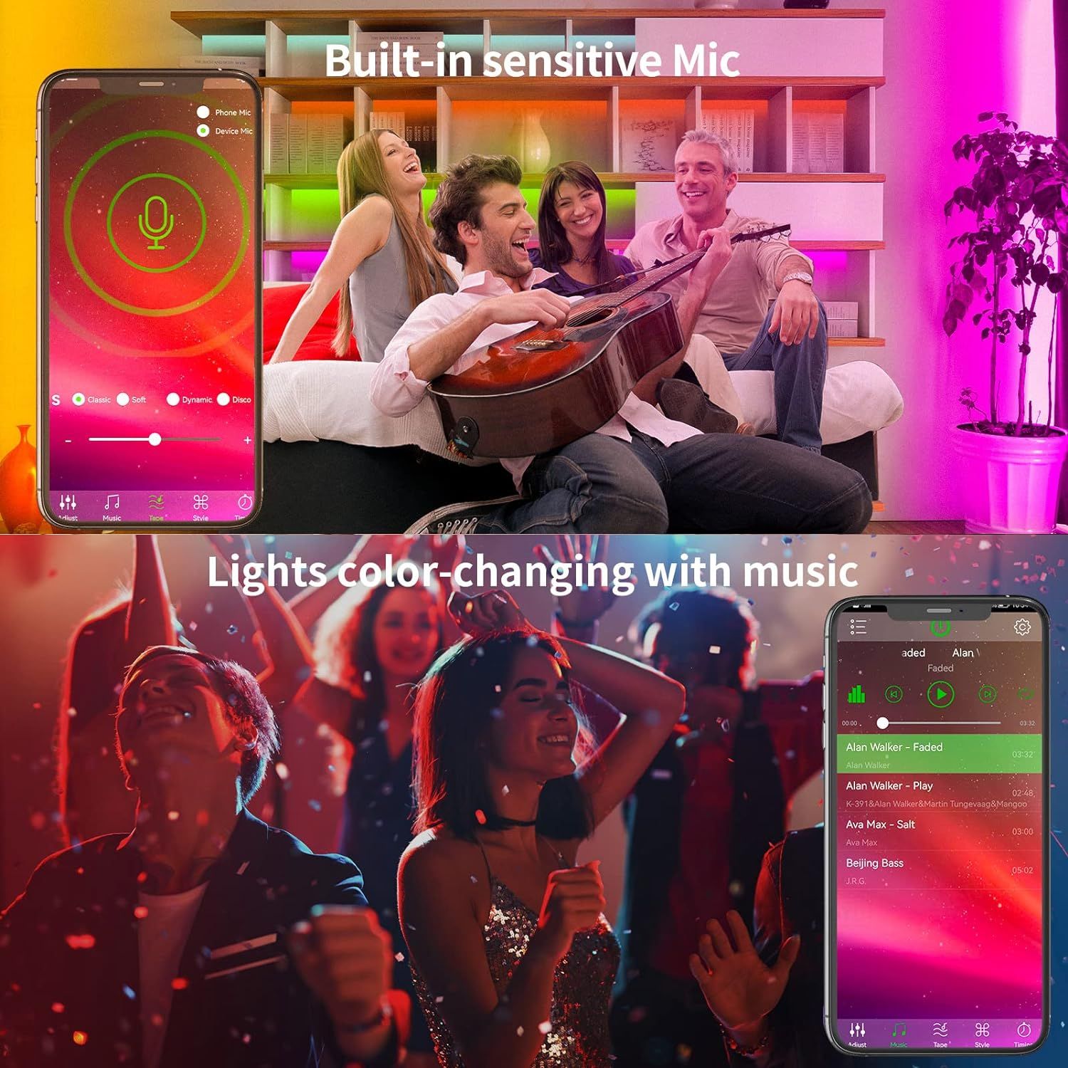 Showcases two distinct smart features of the product: the built-in microphone for voice control and the music-reactive color-changing lights, demonstrating…