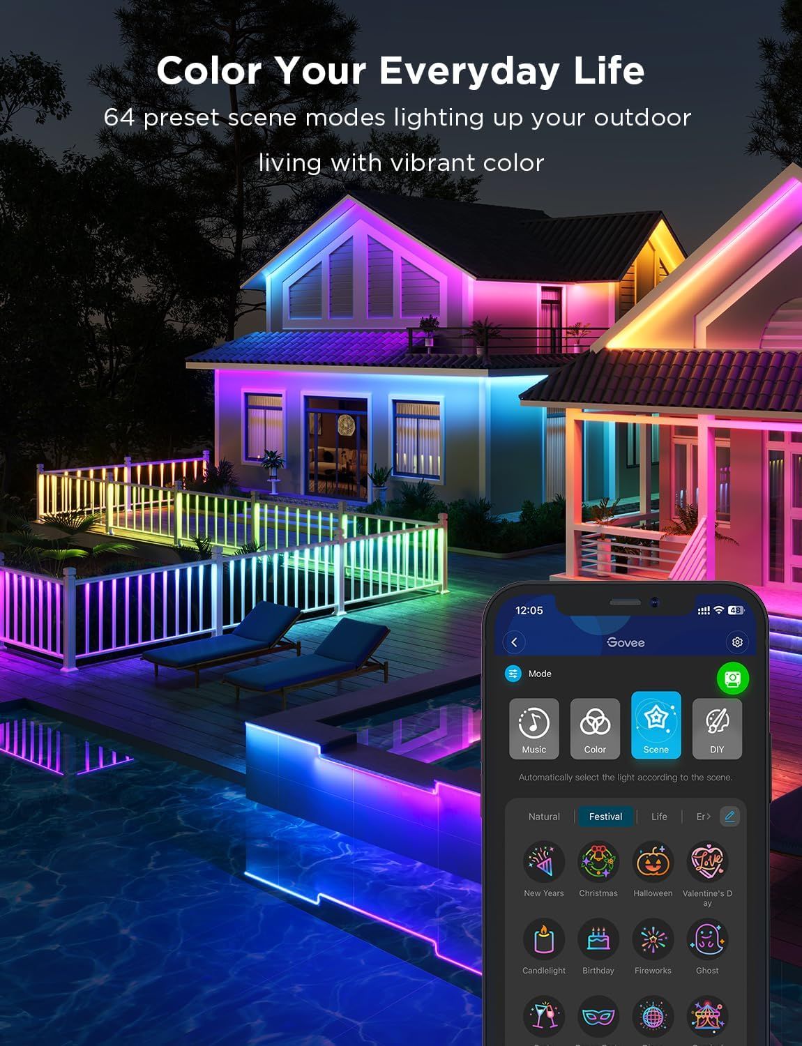 Demonstrates the product's ability to transform outdoor living spaces with customizable, vibrant RGB lighting across 64 preset scene modes, emphasizing…