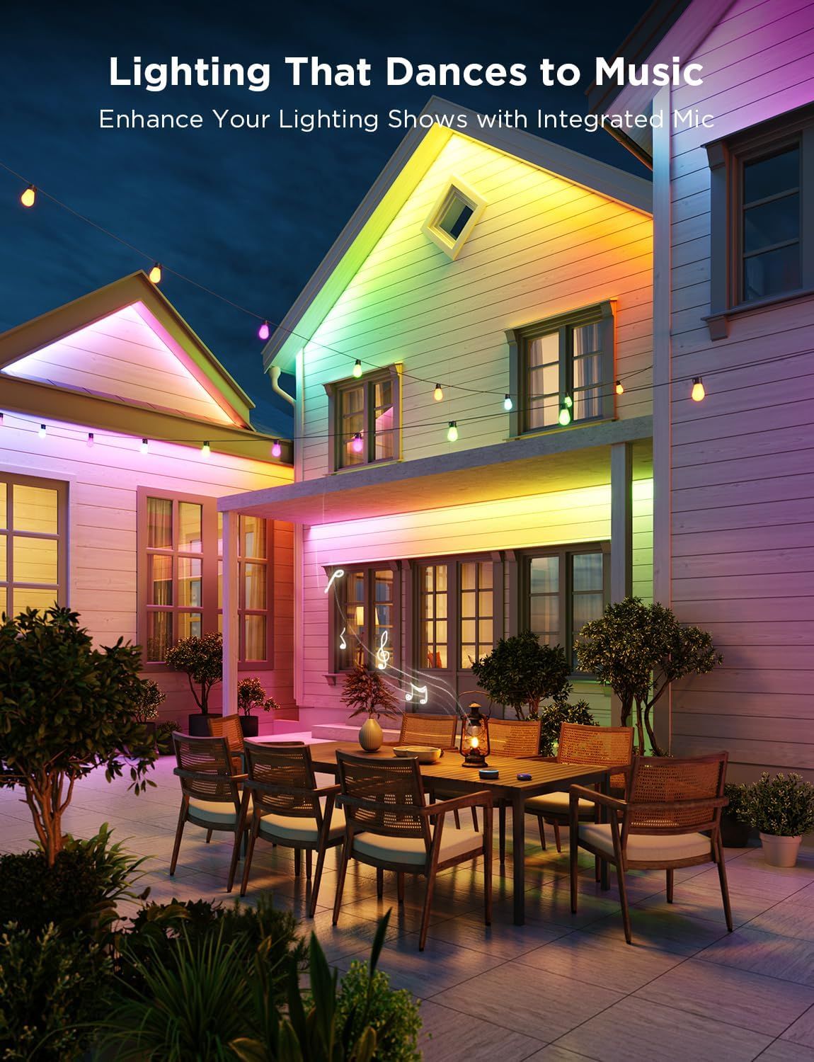 Communicates that the lighting system can synchronize with music to create dynamic light shows, appealing to shoppers looking for smart, entertaining outdoor…