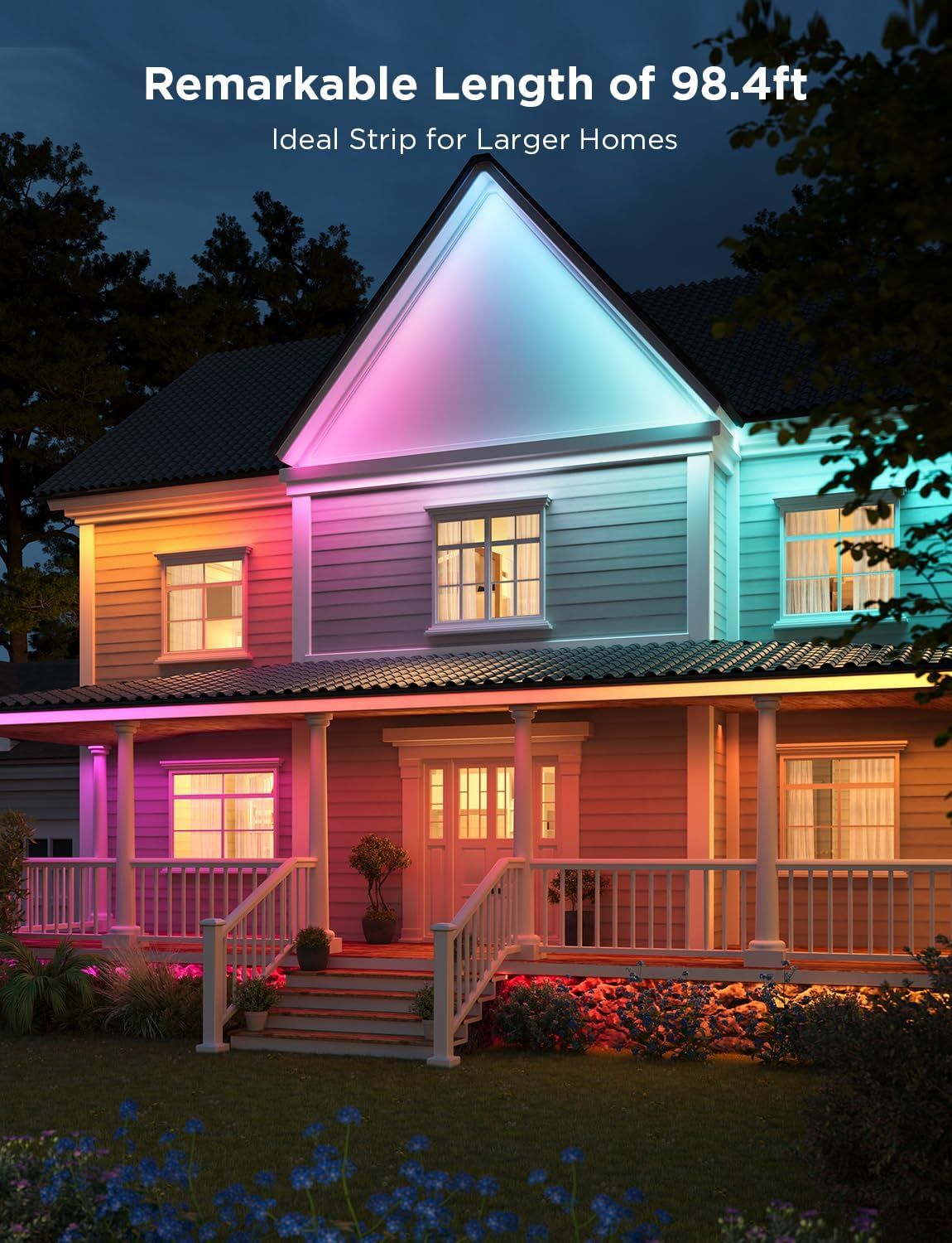 Communicates the impressive length specification of the LED light strip to show it can cover large homes and extensive areas. Demonstrates the product's…