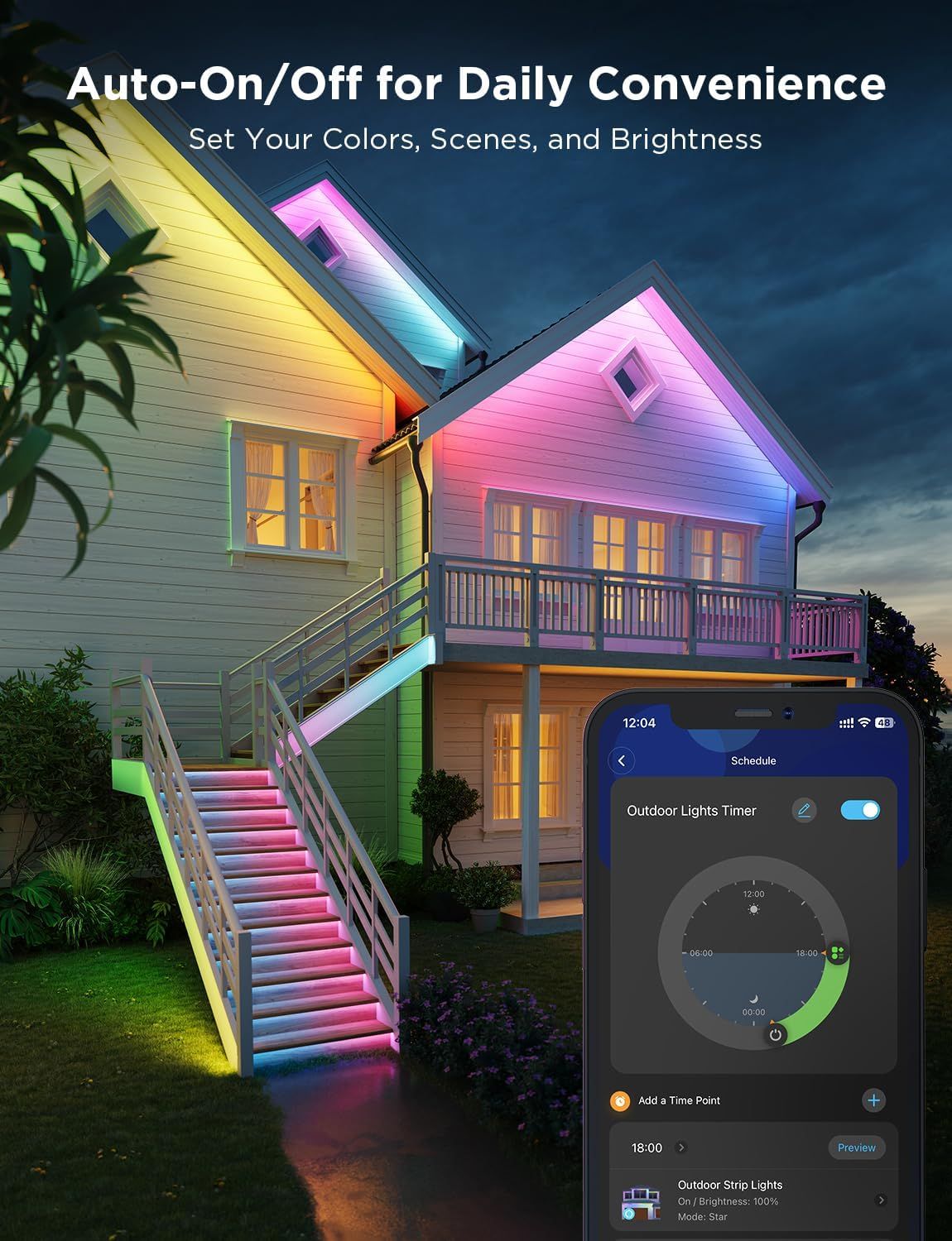 Demonstrates the convenience of automated scheduling and customization features for smart outdoor lighting, reassuring shoppers that they can set it and…