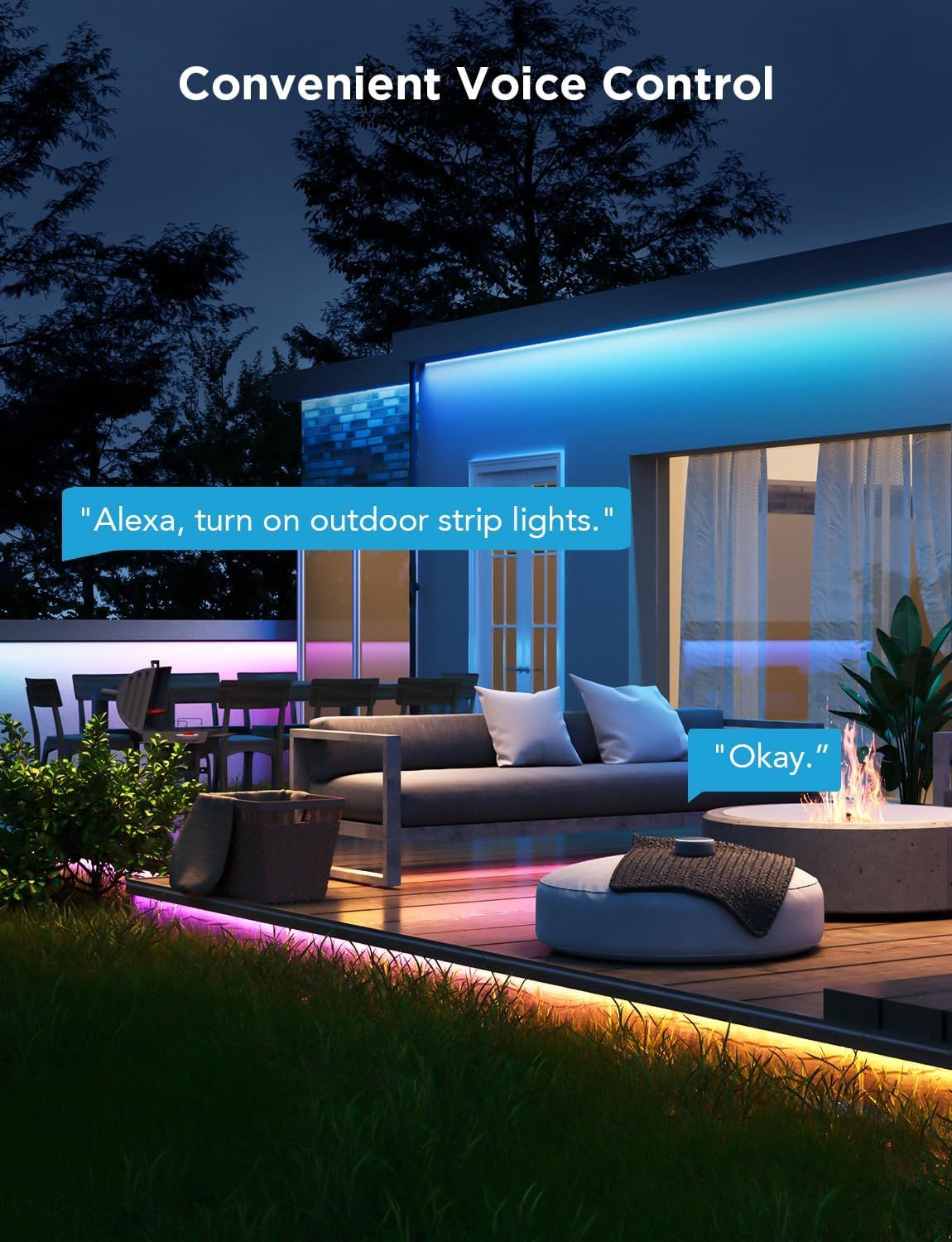 Demonstrates the product's voice control capability with Alexa, showing how users can conveniently control outdoor lighting hands-free to enhance their smart home experience.