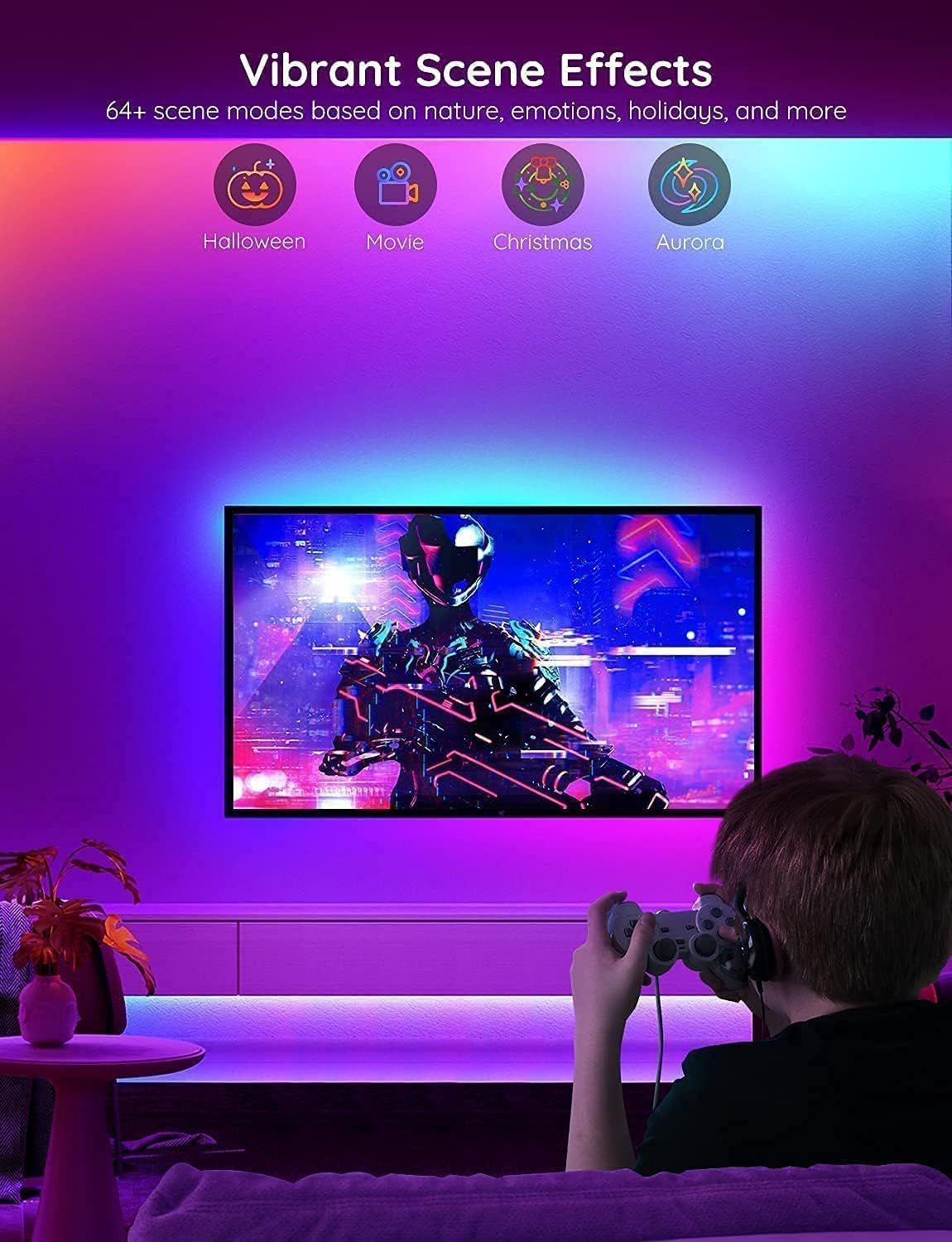 Demonstrates the product's versatile scene mode options (64+ modes including Halloween, Movie, Christmas, Aurora) to show shoppers the variety of customizable…