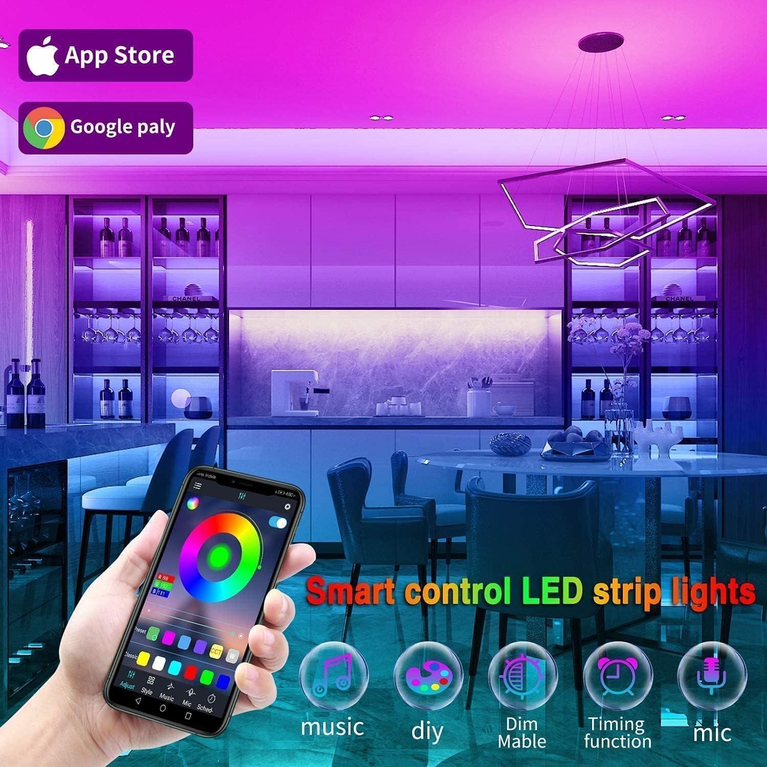 Showcases multiple smart control features of the LED strip lights, including music sync, DIY color customization, dimming, timing, and mic control, to…