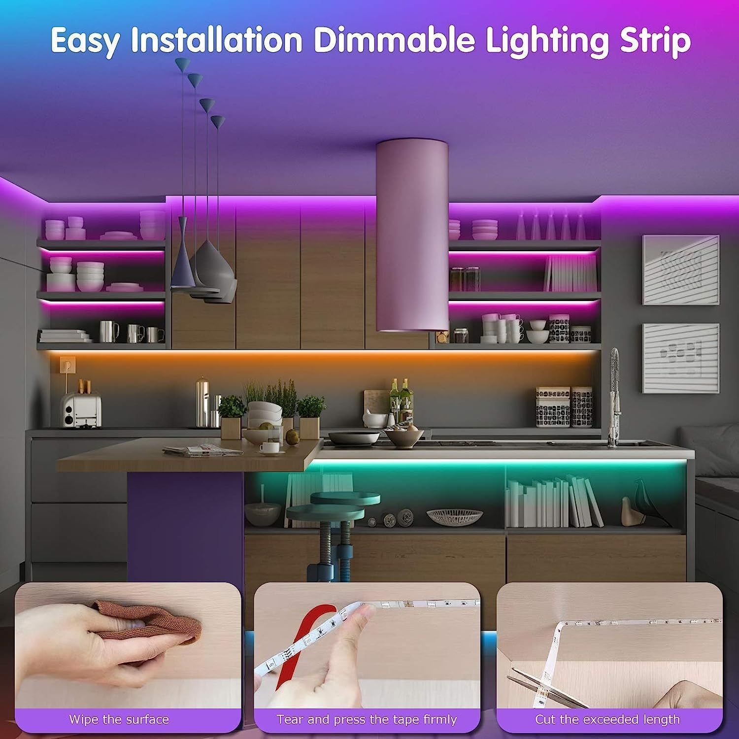 Demonstrates the simple 3-step installation process for the LED lighting strip to reassure shoppers that setup is quick and requires no special tools or…