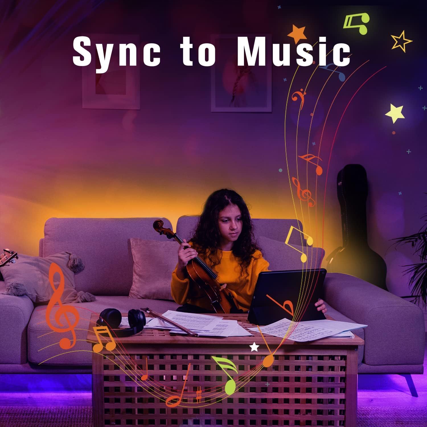 Communicates that the product can sync to music, appealing to musicians and music enthusiasts by showing a real-world use case of practicing with synchronized…