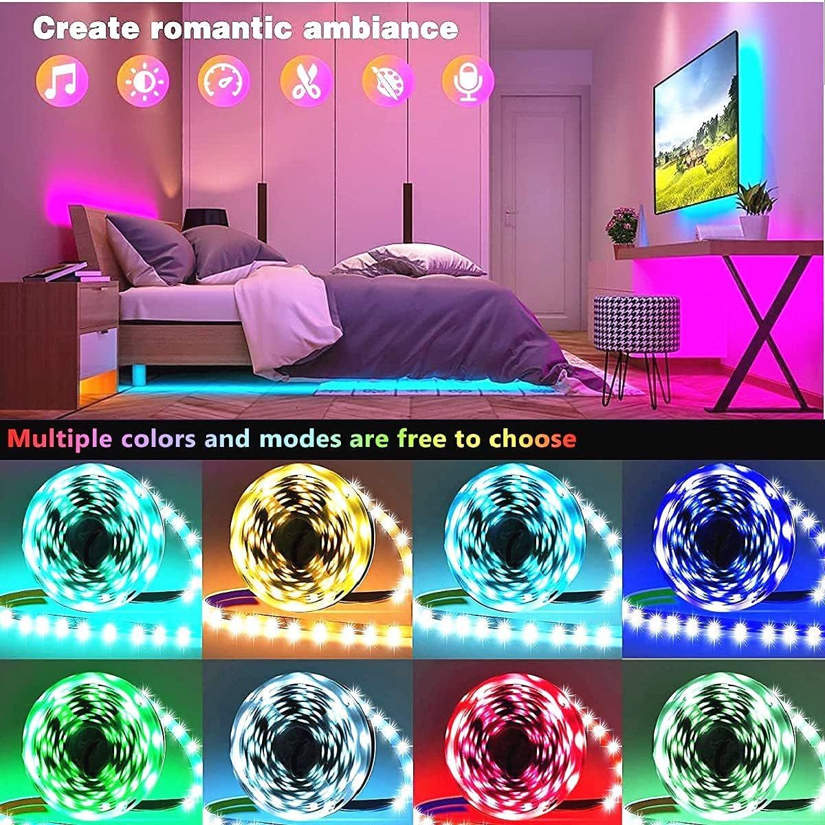Demonstrates the LED light strips versatility by showing how it creates romantic ambiance in a bedroom setting and highlights the multiple color and mode options available to shoppers.