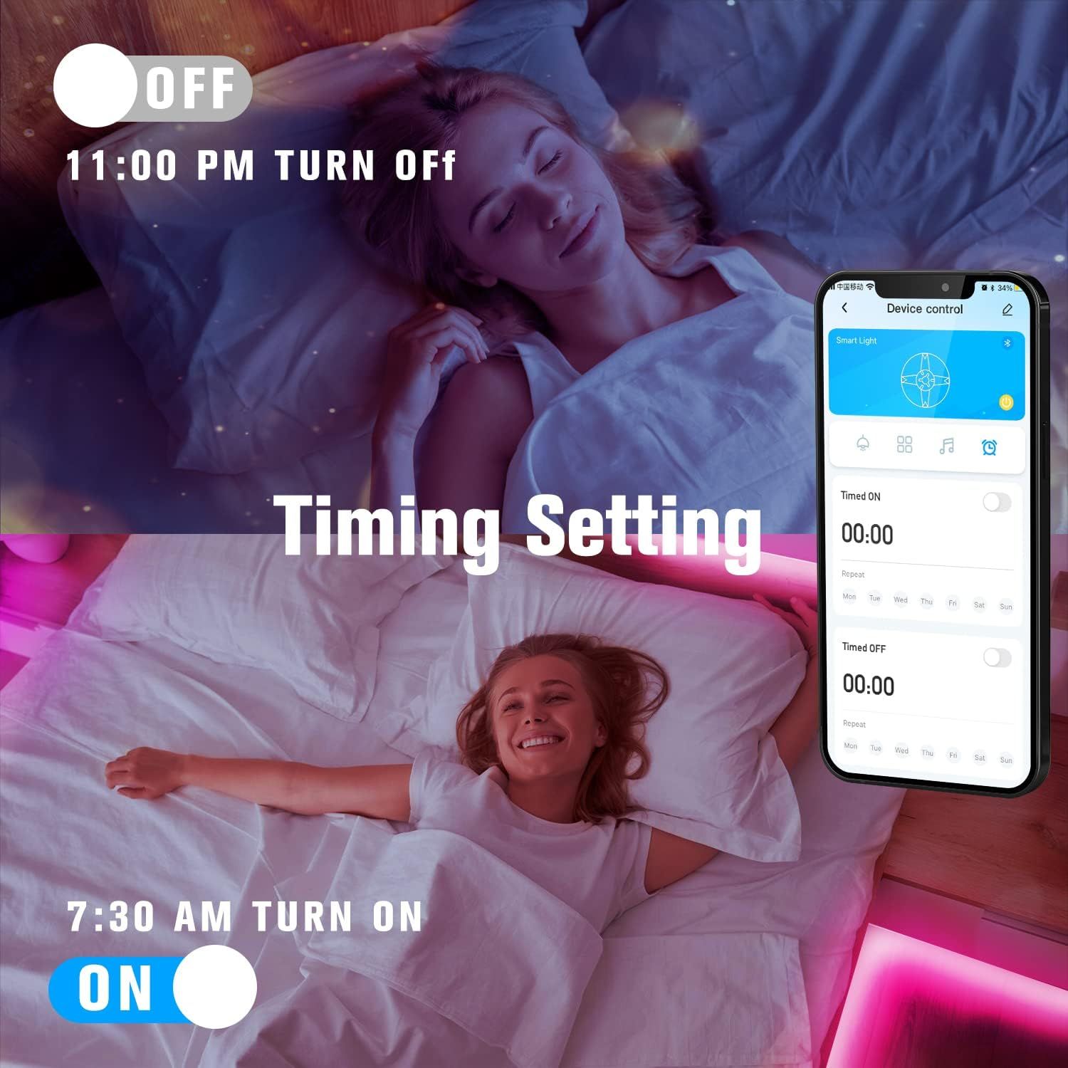 Demonstrates how to use the app's timing feature to schedule automatic on/off times for the smart light, showing the ease of setting up automated lighting for…