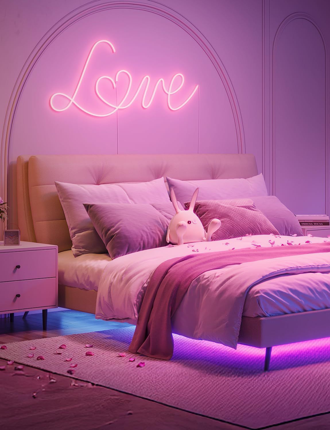 Showcases the product in a real-world bedroom setting to help shoppers visualize how the LED lighting creates atmosphere and enhances their living space.