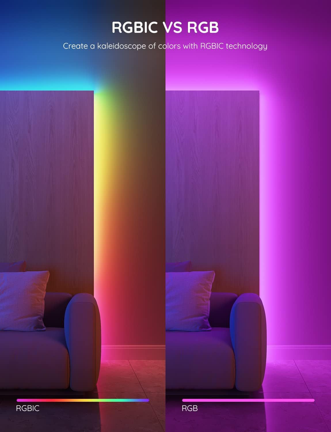 Demonstrates the superior color range and vibrancy of RGBIC technology compared to standard RGB lighting, showing shoppers the enhanced visual experience they…