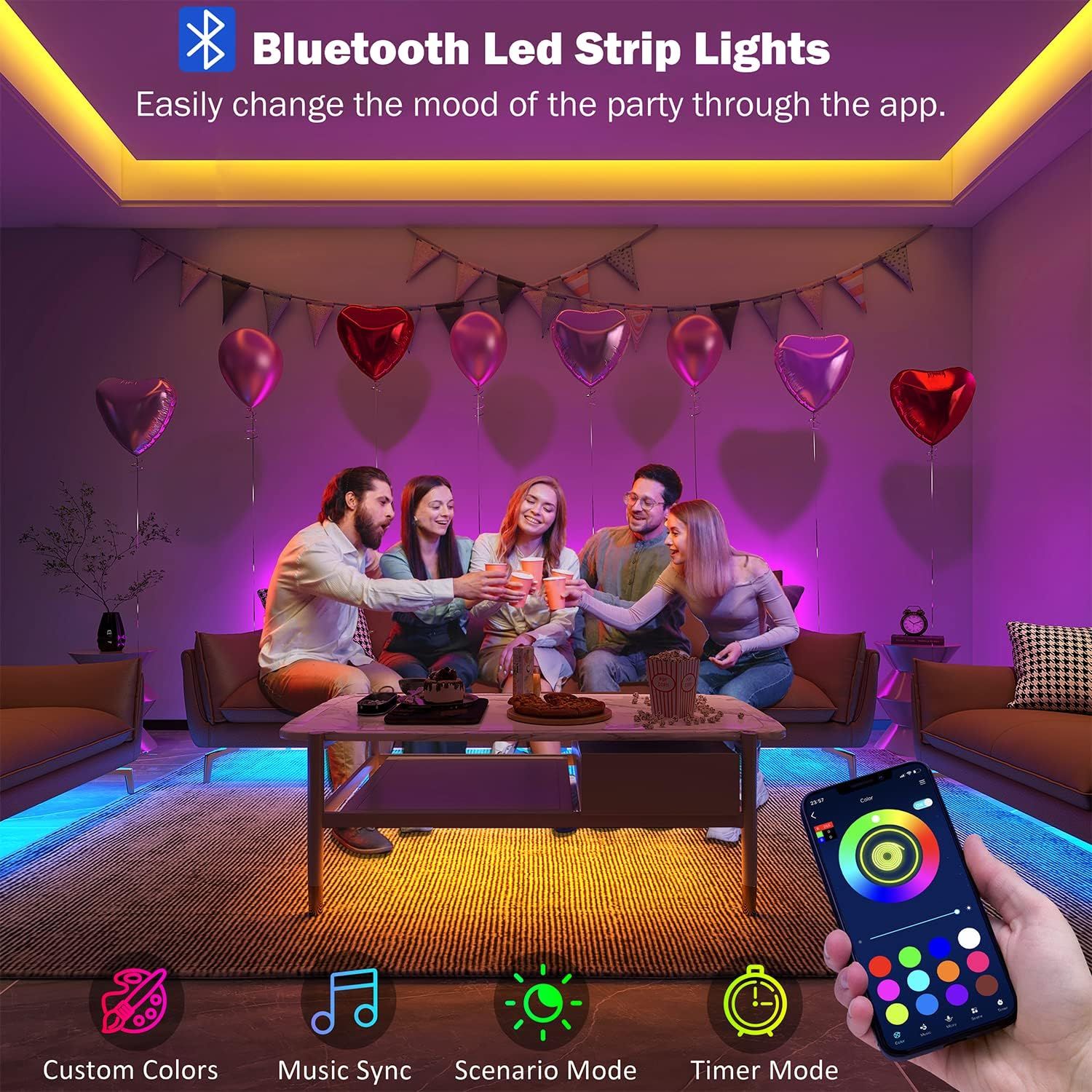 Demonstrates the LED strip lights in a party setting while highlighting multiple control features available through the Bluetooth app, reassuring shoppers of…