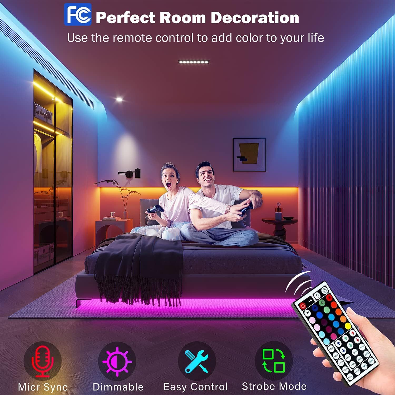 Showcases multiple features of the LED lighting system including music synchronization, dimming capability, remote control operation, and strobe mode to…